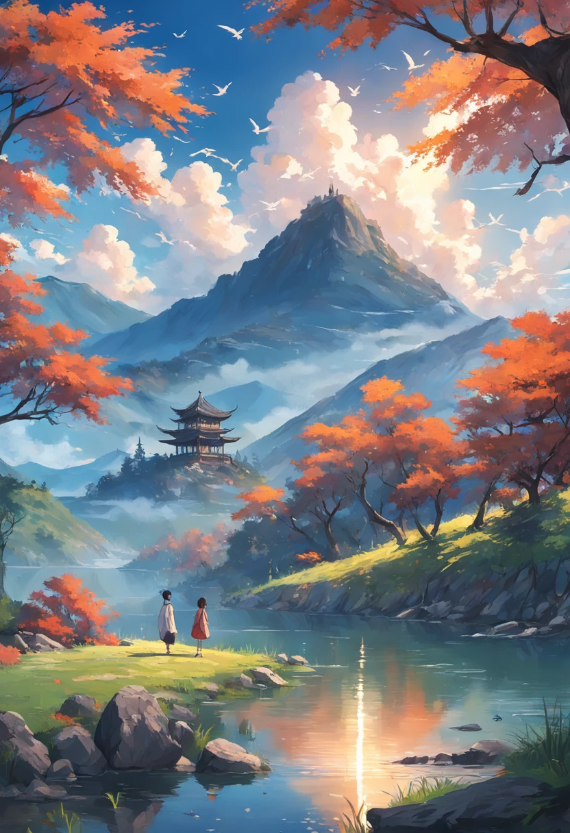 tmasterpiece，Best quality at best，high high quality，Clear lake, Rolling green mountains, A gentle breeze blows through the willow branches, surrounded by cloud, Swallow shuttle, A flock of geese flying in the setting sun, The sadness of parting is intertwined with autumn, Peaceful and natural picture，（Very detailed CG unity 8K wallpaper），most beautiful artwork in the world，Professional majestic oil painting，iintricate，high detal，sharp fokus，dramatics，Realistic painting art