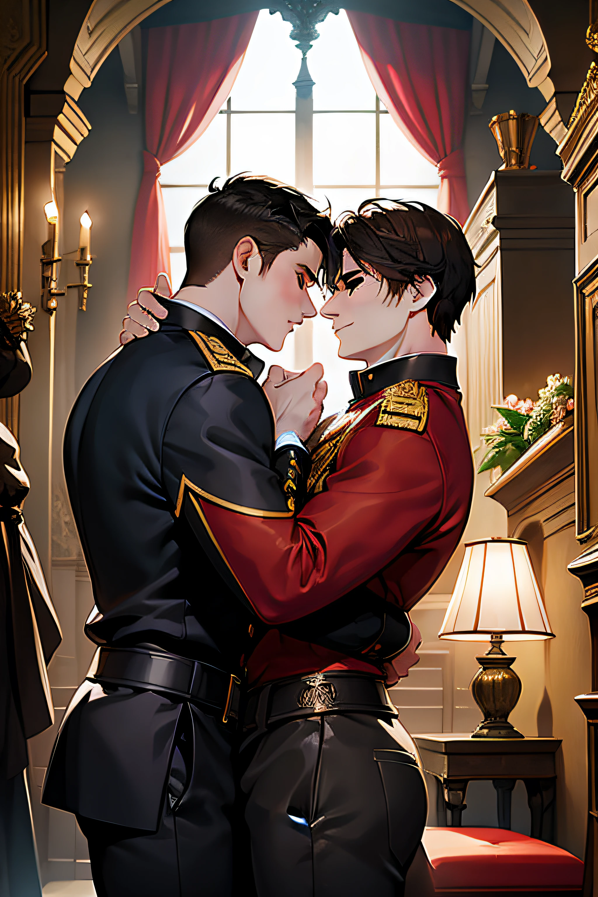Two young men embraced in the castle improve facial features