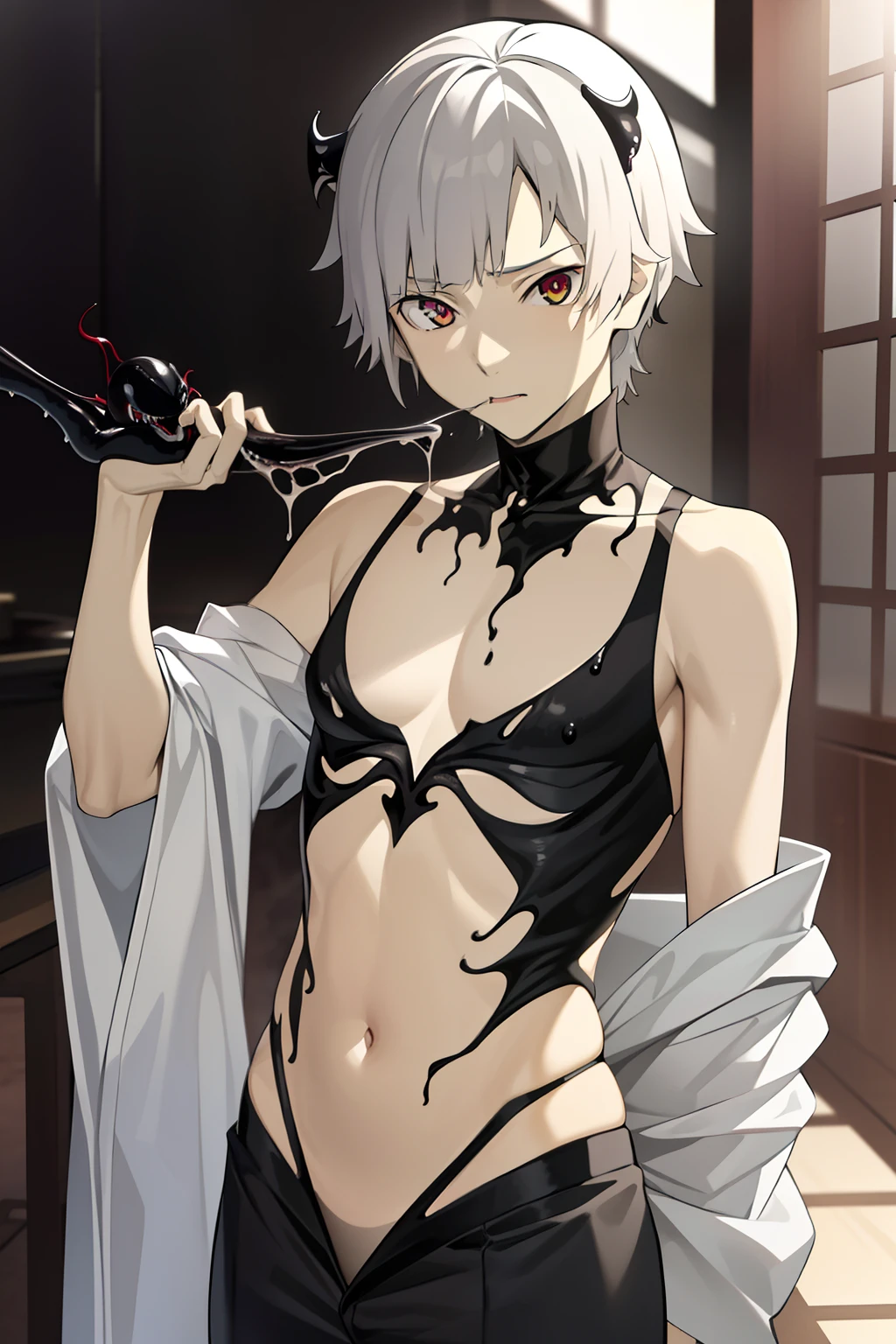 (masterpiece, top-quality, hightquality), 1 juvenile, 独奏, Male Focus, Look at viewers, The upper part of the body, Nakashima_Atsushi, white hair, ((Venom)), (Black liquid rendition)