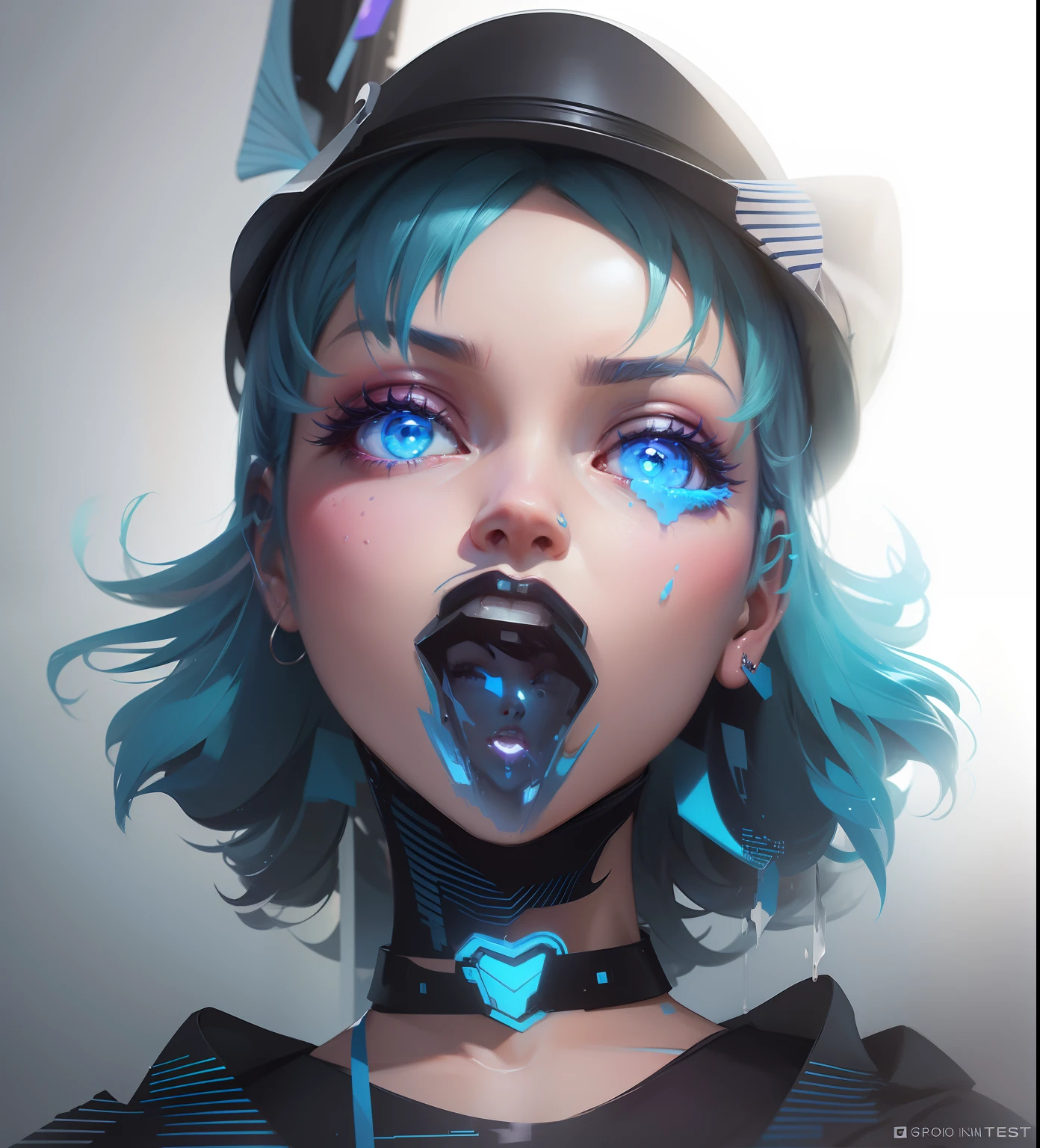 A closeup of a person with blue hair and a hat, inspirado em Yanjun Cheng, Arte no estilo de Guweiz, arte digital estilo anime, estilo de arte cyberpunk, Beeple e Jeremias Ketner, menina glitchpunk, Digital anime illustration, rossdraw desenho animado vibrante, 2d illustration, 2d illustration, trending on deviant art