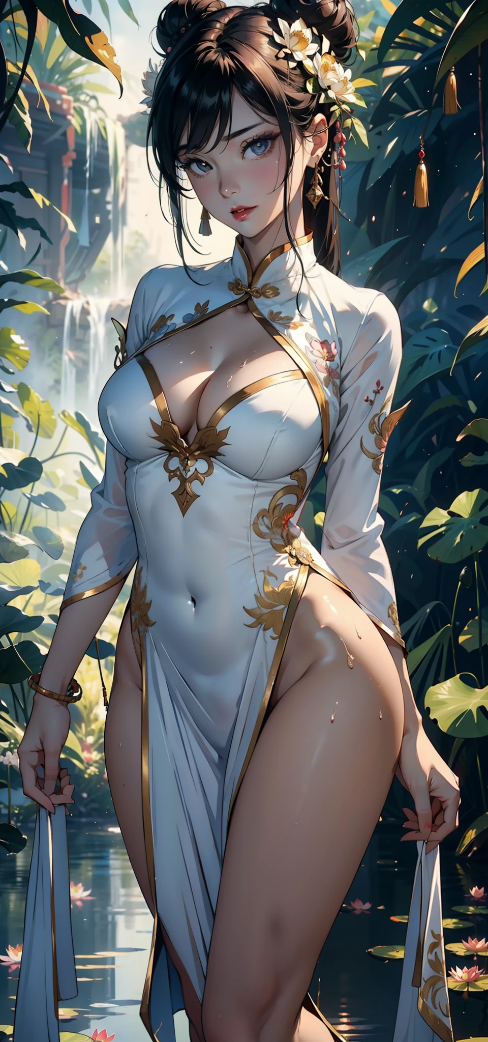 1female,36 years old,熟妇,mature,Bigchest,Big breasts Thin waist,long leges,Raised sexy,Pornographic exposure, 独奏,(Background with:Surrounded by lotus flowers,the rainforest,Lotus pond) She has short black hair,standing on your feet,Sweat profusely,drenched all over the body,seen from the front, hair straight, mostly cloudy sky,(((tmasterpiece),(Very detailed CG unity 8K wallpaper),best qualtiy,cinmatic lighting,detailed back ground,beatiful detailed eyes,Bright pupils,(Very fine and beautiful),(Beautiful and detailed eye description),Black eyes,Redlip,ultra - detailed,tmasterpiece,)),facing at camera,(The upper part of the body),A high resolution,ultra - detailed),revealing breasts,Bare genitalia, Bulge,legs are open,sexyposture,Camel toes,Flushed complexion,Open-mouthed,frontage,China Princess,double bun hair,Lotus hair ornaments(Wearing:White cheongsam,Gold wire embroidery)