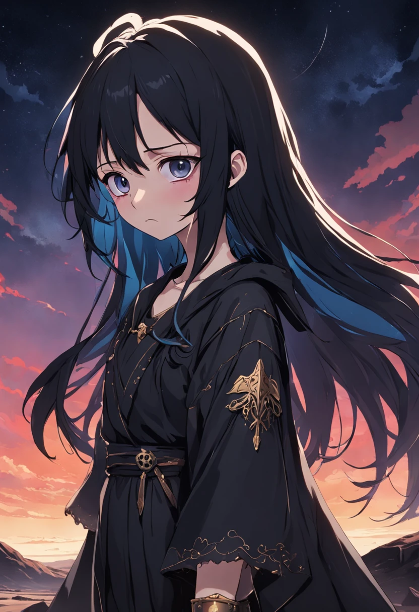 ((cena sombria, deserto negro),(Orphan character crying+dor+sofrimento:1.2+ Gothic details:1.3))