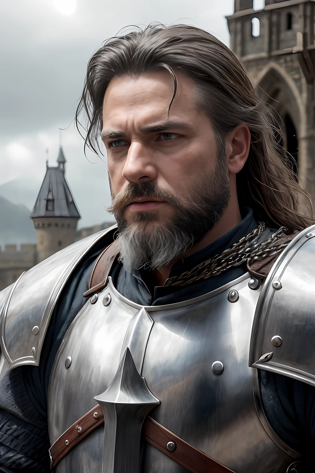 photorealistic, top quality, masterpiece, cinematic composition, slow motion, (medium shot of a medieval knight, sombre and weathered face, beard, grey hair:1.2), chain mail and plate armour, (realistic and detailed|intricate armour:1.1), (visible face:1.3), (photorealistic physiognomy|eyes|iris|skin|musculature, detailed skin, skin texture, natural skin), (holding a sword in his hand:1. 2), frontal perspective, imposing and determined pose, looking forward with determination, skin imperfections, natural skin wrinkles, natural skin spots, highly detailed clothes, abundant details, intricate details, realistic wrinkles in clothing, medieval fantasy landscape, cloudy sky, castle in the background in the distance, radiant lighting, deep shadows, dramatic scene, dark and cool colour palette, blue and grey tones, No other characters in the scene, abundant detail|intricate, detailed landscape, volumetric lighting, (detailed lighting), (detailed light reflections on armour:1. 1), 8k, highly detailed, UHD, HDR, photorealistic facial expression|hairstyle