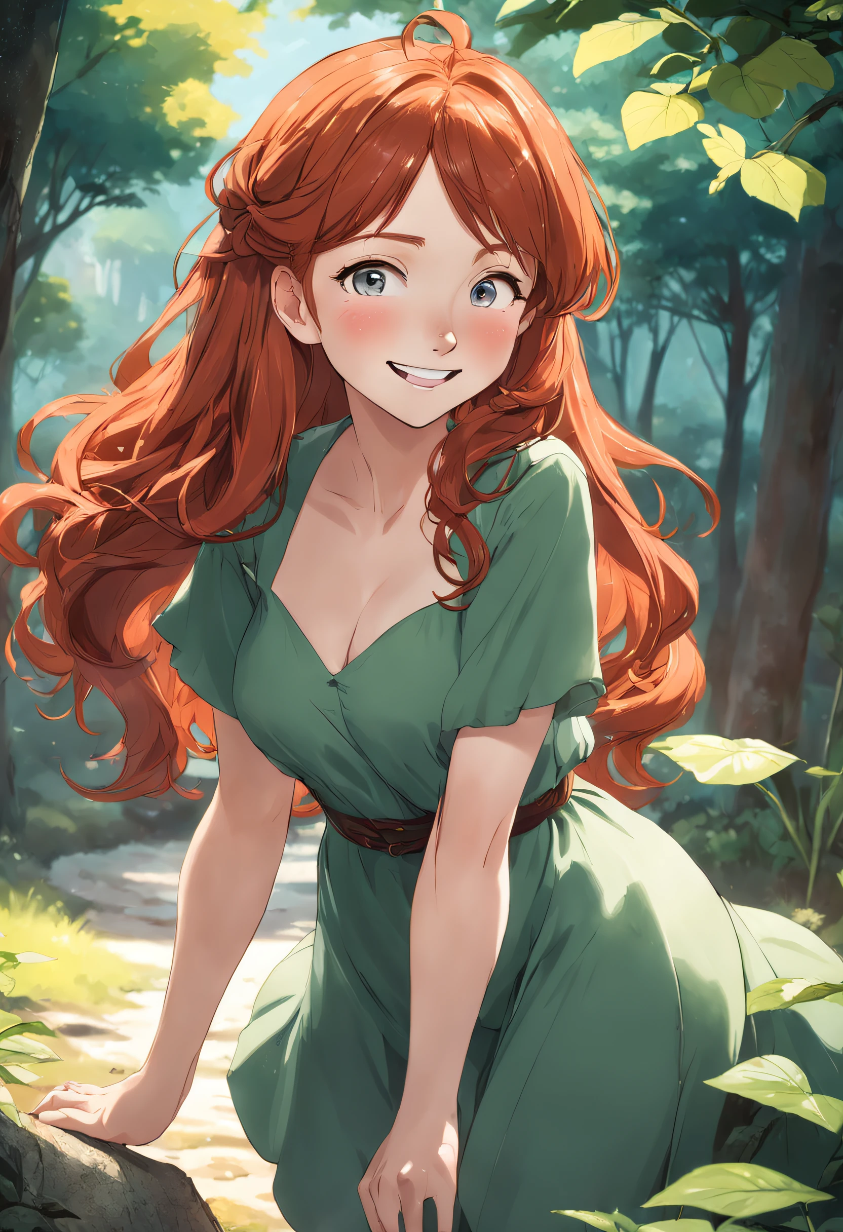Araffe Redhead Woman, Take a picture wearing a green dress, seductively smiling, she is smiling and excited, Beautiful young redhead woman, freckle, friendly seductive smile, clear curvy details, small round breasts, next to a tree, curvy model