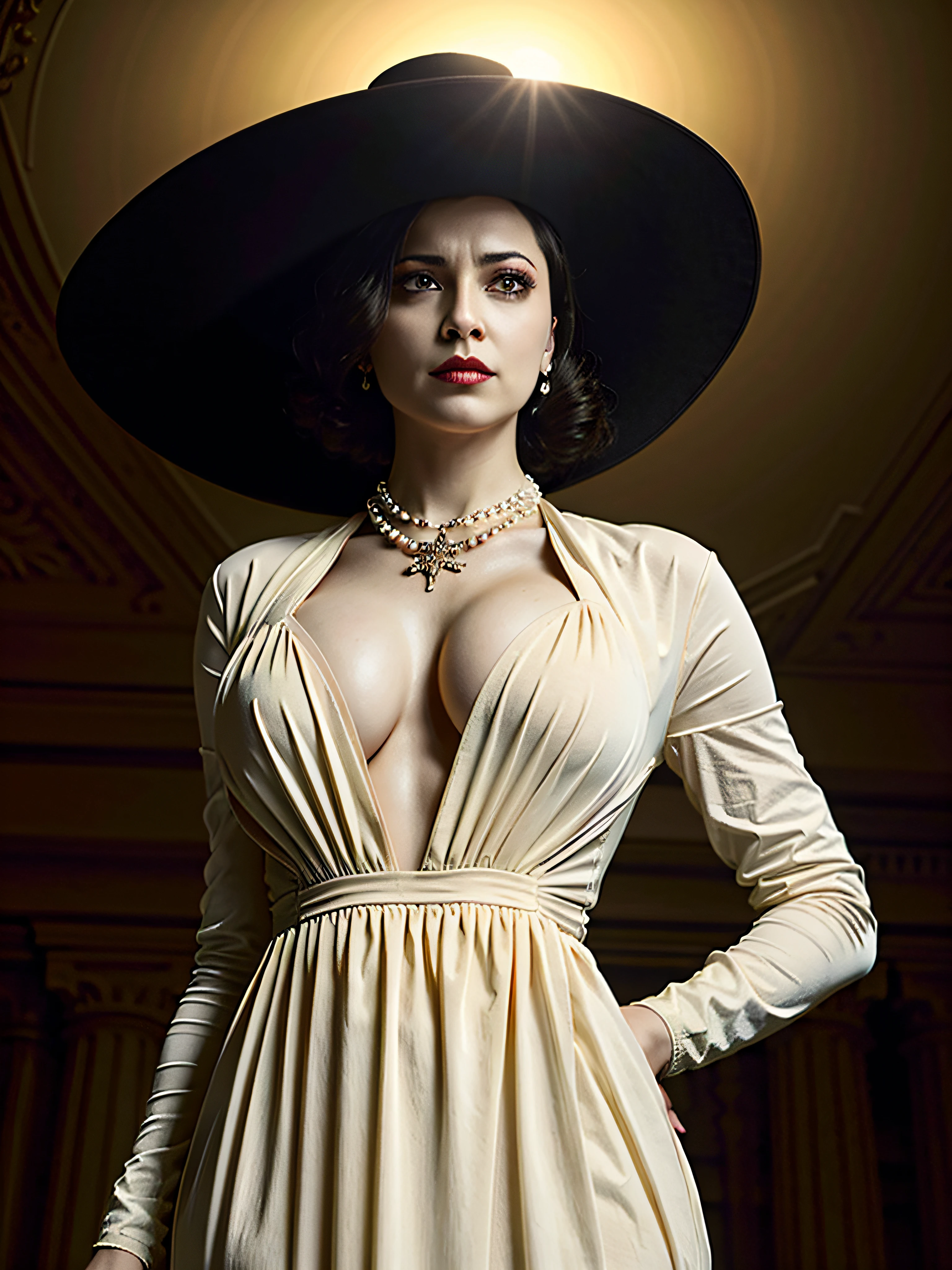 very angry, gigantic breasts, from below, located (inside an old dark victorian spooky mansion, at night) re8dmtrsc, 9ft tall, black sun hat, ((white dress)), pearl necklace, black flower brooch, ((short hair)), ((yellow eyes:1.1)), ((glowing eyes:1.2)), tall, very pale skin, ((best quality)), ((masterpiece)), (Cowboy-shot:1.2), (detailed), absurdres, ((ultra realistic:1.3)), 8K UHD, best quality, dark theme, volumetric lighting, (extremely clear), realism, detailed and intricate, 1girl, (nsfw:0.4), beautiful (slutty) sexy buxom woman, beautiful woman, looking at the viewer, looking disgusted,