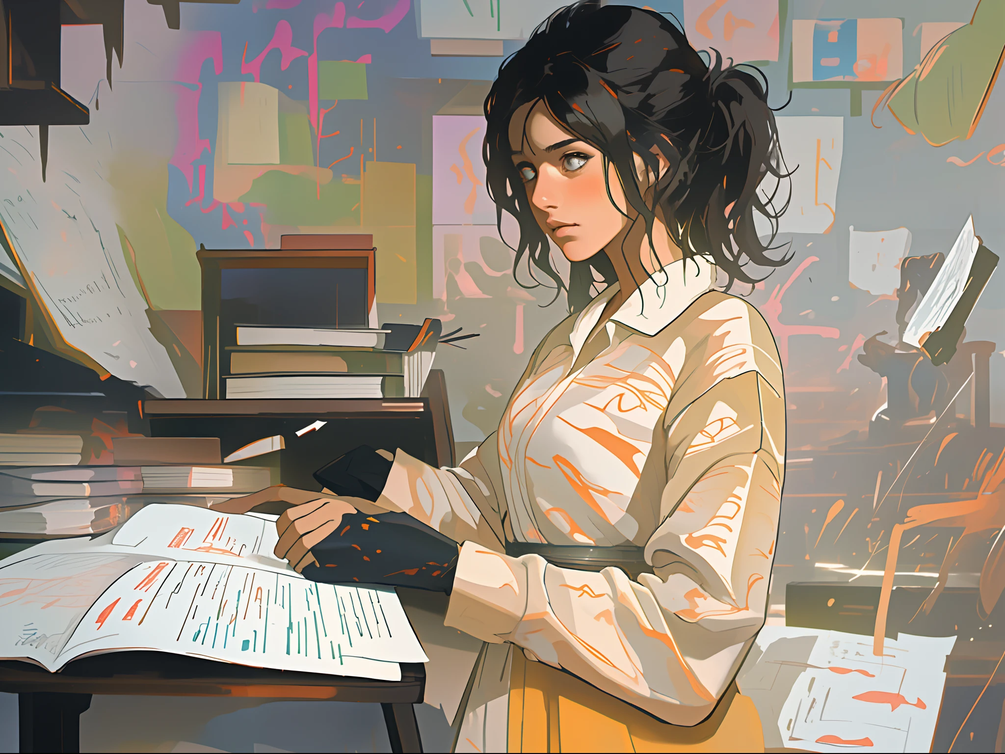 Master piece, detalles absurdos, There is a pretty woman sitting at a desk with a book and a pen., pelo recogido en coleta, lleva guantes negros, tratando de estudiar, Estudiando, ropa y estilo oriental, escenario entre bosques y arboles, sat at her desk, estudioso, illustration!, laborable, Estudiante femenina de arte emo, Postura del hombro en la parte delantera, claroscuro estudioso, Sentado en un escritorio