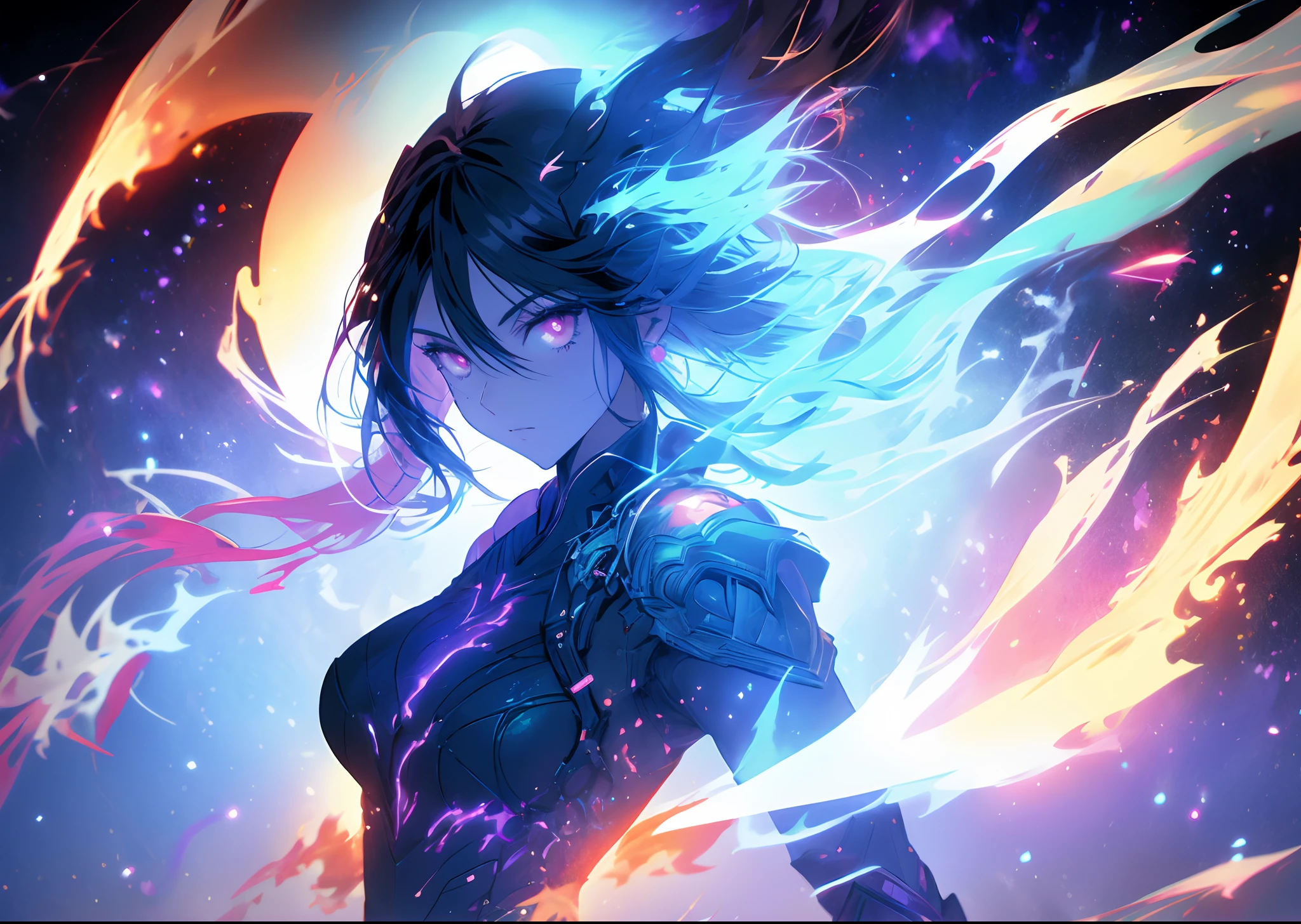"1girl, with black hair and red eyes, embodying a fire witch, surrounded by swirling blood and illuminated by vibrant light particles and rays, creating a captivating wallpaper with high contrast and vibrant colors."