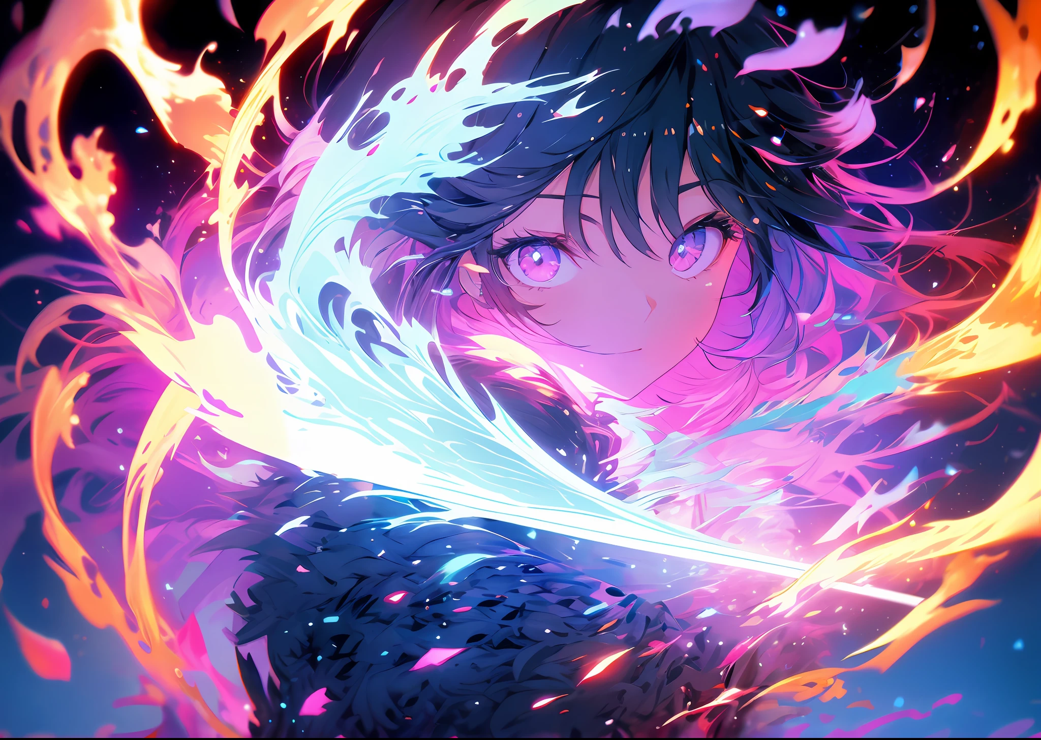 "1girl, with black hair and red eyes, embodying a fire witch, surrounded by swirling blood and illuminated by vibrant light particles and rays, creating a captivating wallpaper with high contrast and vibrant colors."