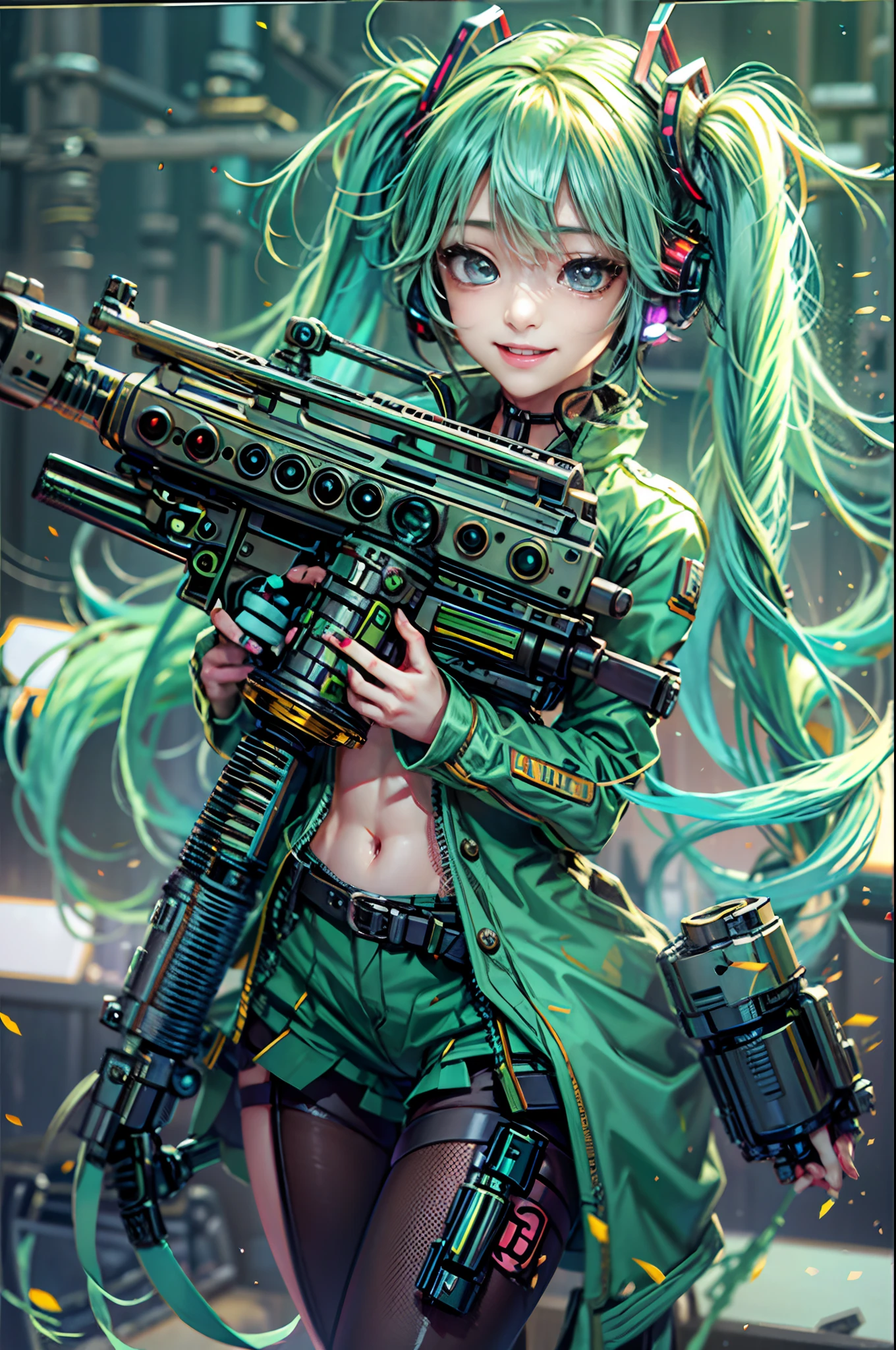 Photorealsitic, hight resolution, 1 rapariga, Korea person, Heterochromia eyes, small moles under eyes,(tmasterpiece), (top-quality), realisticlying, ciinematic light, ((Smiling Hatsune Miku with a machine gun)),  Posing with sexual overtones, Battlefield Background, the perfect body, Green eyes, Green hair、Blunt bangs