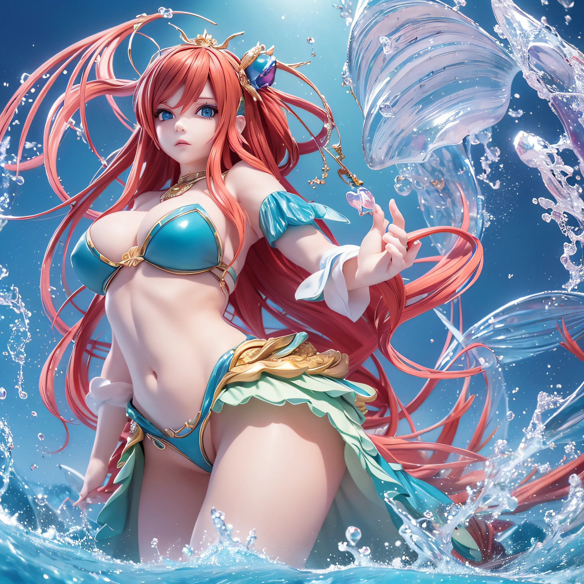 (3D anime, 3D image, best quality), Shirahoshi - The Mermaid Princess of Fishman Island, Manga One Piece, (beautiful face, extraordinary beauty), (reddish hair), (blue eyes), (artistic background, ocean horizon),(dramatic lighting, spotlights, dark shadows),(epic pose, standing), volumetric light.