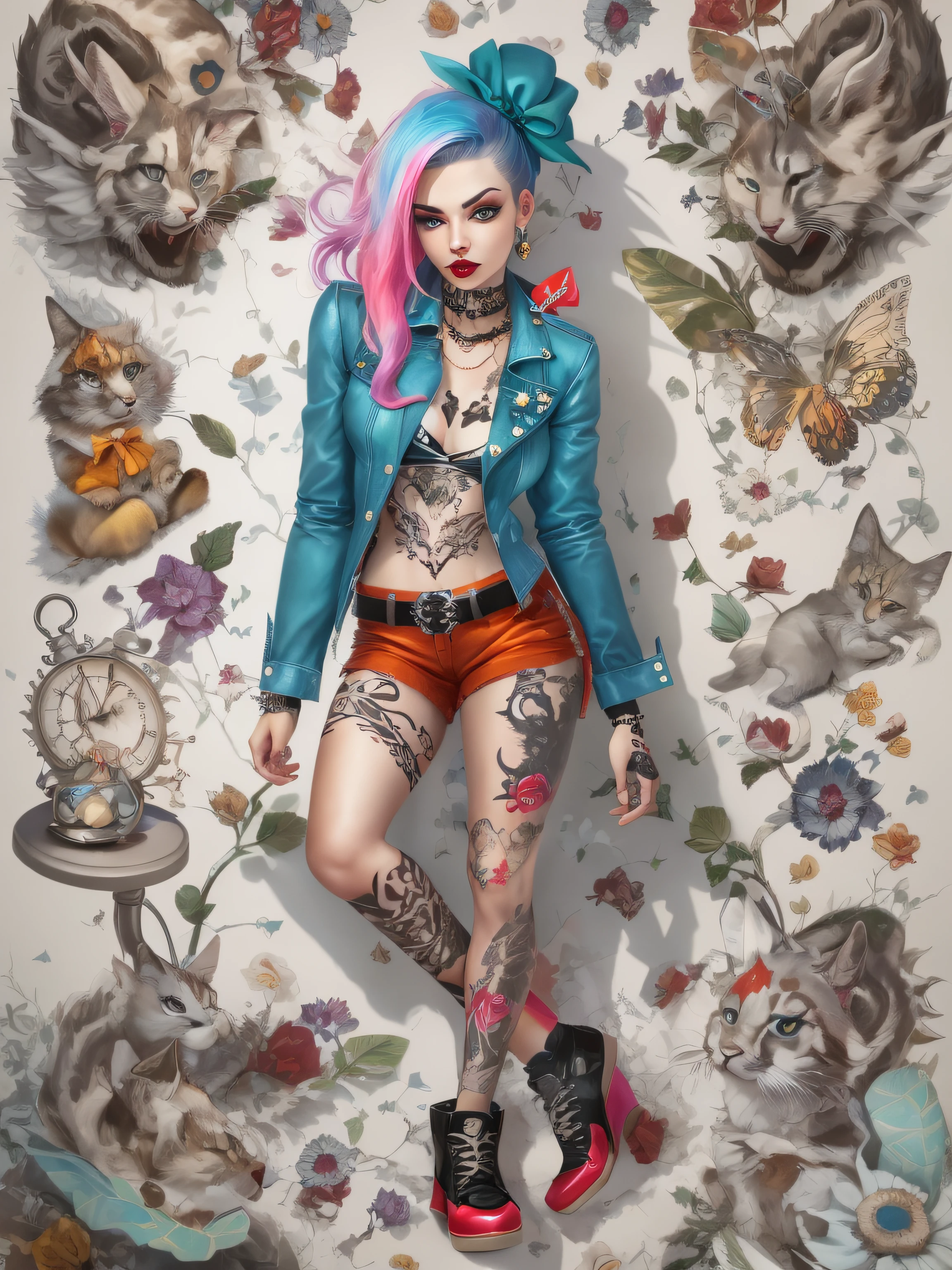 Full body illustration of Alice from Wonderland in a rebellious pin-up style, wearing an edgy outfit with a mix of classic and modern elements. Her skin is adorned with vibrant tattoos that showcase her rebellious nature, image against white background.