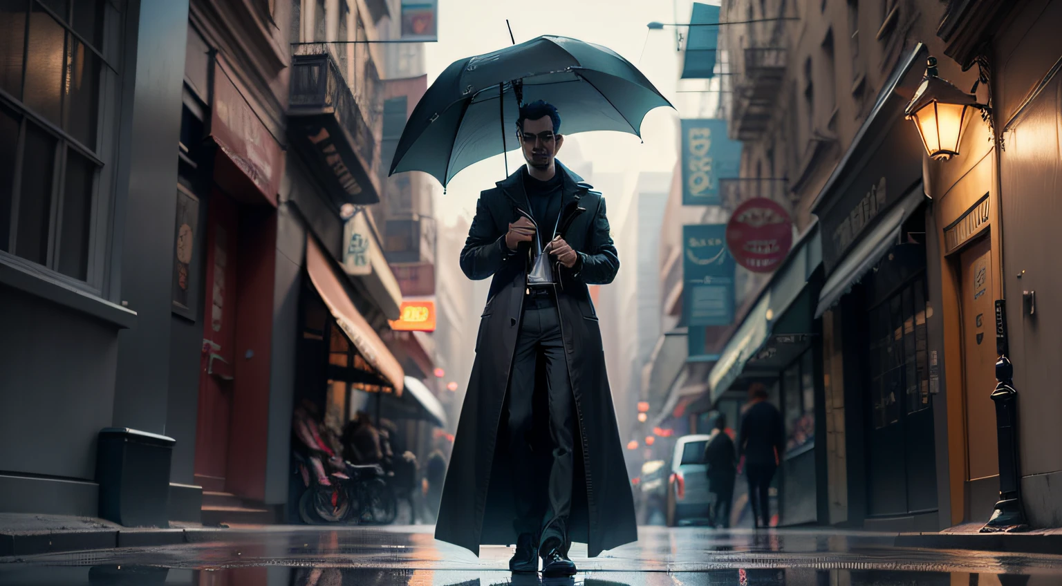 (obra-prima, melhor qualidade: 1.2), face ultradetalhada, (cores suaves: 1.2, studio dark, rim lighting, dual-tone lighting, luz fraca, tom baixo, ), ((tempo de chuva forte)), capa de chuva longa de couro , A poster for a 1930s \(estilo\), filme de detetive noir,(atmosfera noir:1), atmosfera sombria, rua noturna da cidade, emphasis on color noir, New York in the 1930s , imagem realista, homem misterioso, 30 anos, barba e bigode, vestindo roupa preta, e uma casaco longo preto de couro, com capuz,  , frontal position,