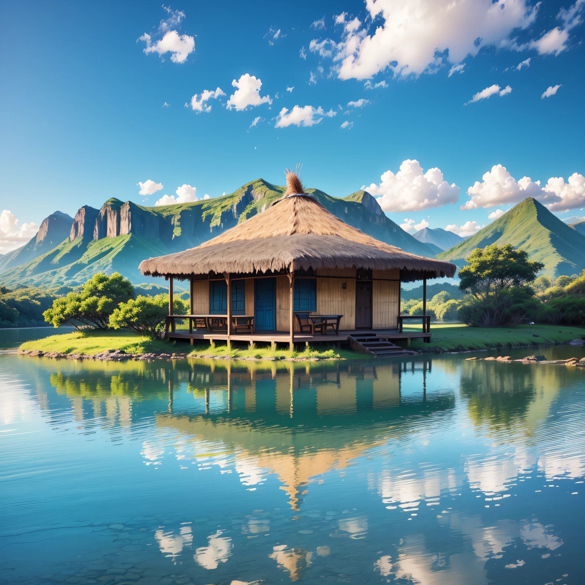 Small brazilian hut at the foot of the mountain, beautiful lake mirroring the landscape. blue sky --auto --s2