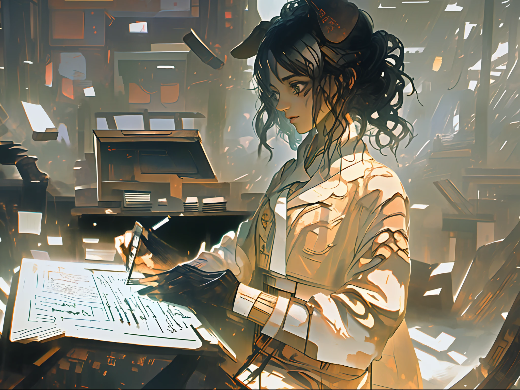 Master piece, detalles absurdos, There is a pretty woman sitting at a desk with a book and a pen., pelo recogido en coleta, lleva guantes negros, tratando de estudiar, Estudiando, ropa y estilo oriental, escenario entre bosques y arboles, sat at her desk, estudioso, illustration!, laborable, Estudiante femenina de arte emo, Postura del hombro en la parte delantera, claroscuro estudioso, Sentado en un escritorio