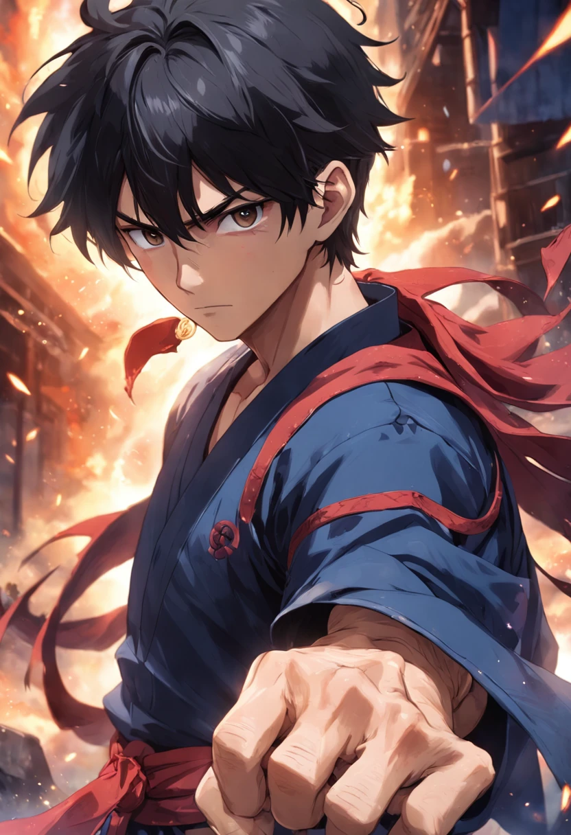 (masterpiece, best quality:1.2), cowboy shot, solo, male focus, 1boy, ryu \(sf\), serious, closed mouth, looking at viewer, black hair, dougi, fingerless gloves