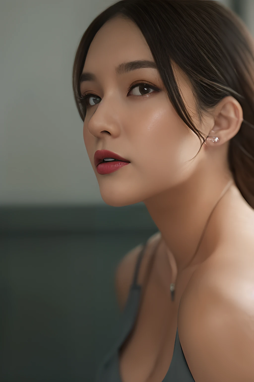 High quality, Shiny skin, (masutepiece:1.4), (8K, Photorealsitic, Raw photo, Best Quality: 1.4), japanes, (1girll), Beautiful face, (Realistic face:1.4), Beautiful hairstyle, Beautiful detailed eyes, (Best Ratio Eyes:1.5), Attractive, 超A high resolution, Ultra photo realsisim, Highly detailed, Optimal ratio, (Detailed face:1.4), view the viewer, red lipsticks, (Best Ratio Fingers:1.5), (Realistic brown eyes:1.2), High Proportion Realistic Breasts, Realistic medium breasts, (Closed mouth:1.5), Slender body, Face with squinted eyes, Long straight hair, Detailed skin, Realistic, Photorealsitic, Highly detailed, full length frame, High Detail RAW Color Art, Piercing, diffused soft lighting, Shallow depth of field, foco nítido, Cinematic lighting
