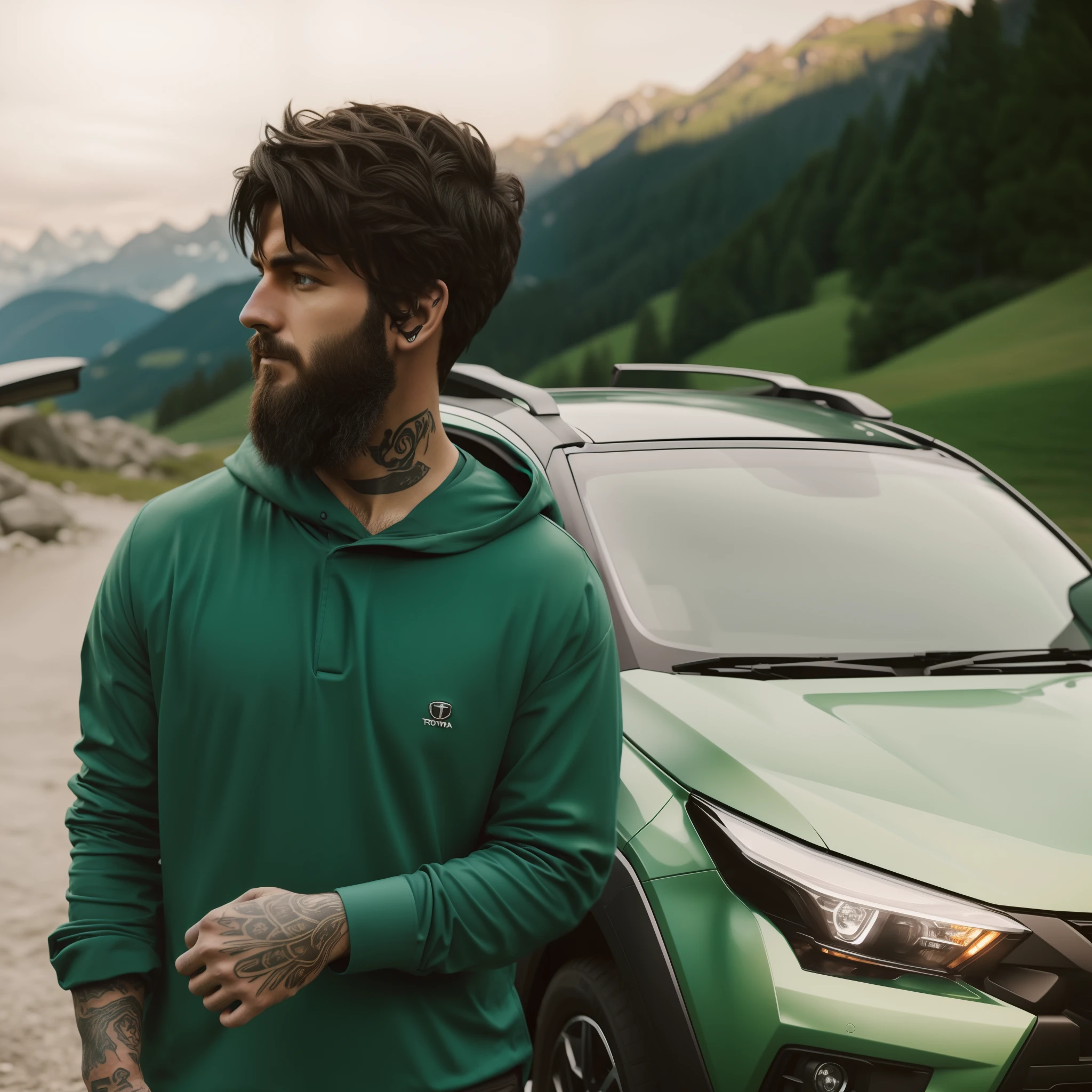 um homem com barba, Toyota RAV4, Switzerland ,hand tattoo, Foto estilo gotejamento. Motor Unreal 5, ray tracing, dynamic lighting, cores ricas, Ultra Detalhado, atordoante, cinemactic, Conceito de Arte 3D.