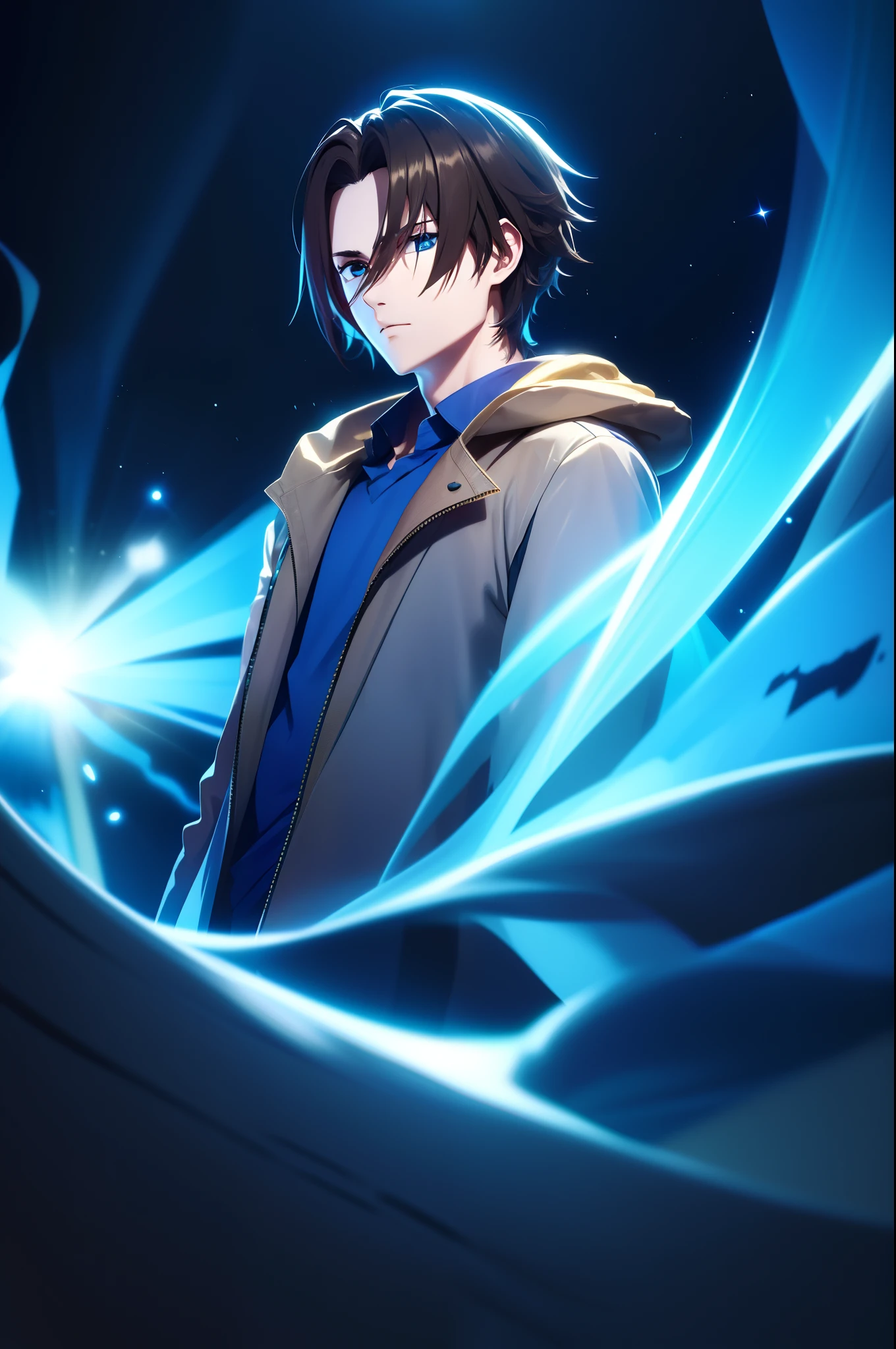 Anime boy wearing beige jacket hair split in half in dark brown tone with an aura of blue magic around him in a dark environment posing for a high-resolution cinematic photo