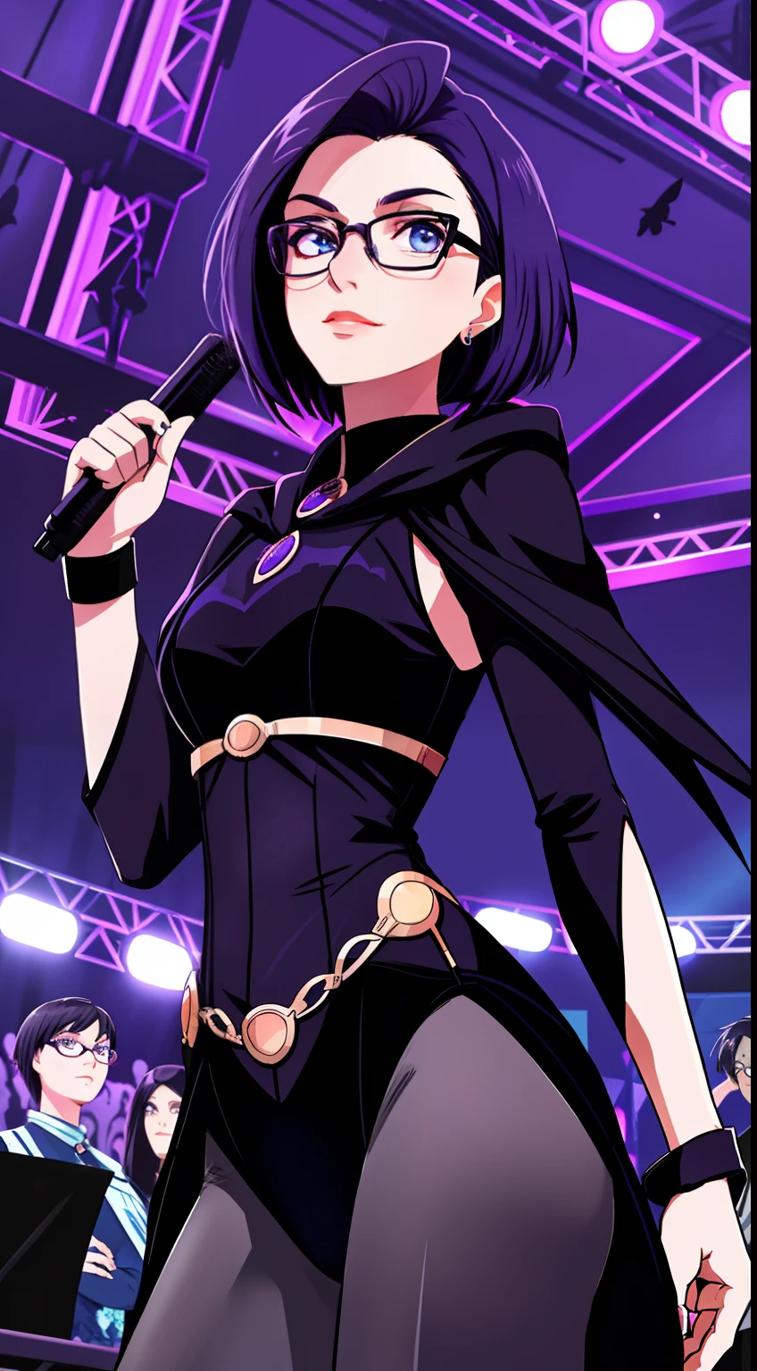 Mast, best quality, 1 girl, raven\, dark purple hair,  blue eyes, glasses,short hair, , looking at the audience, front view, hands out of frame, welcoming position