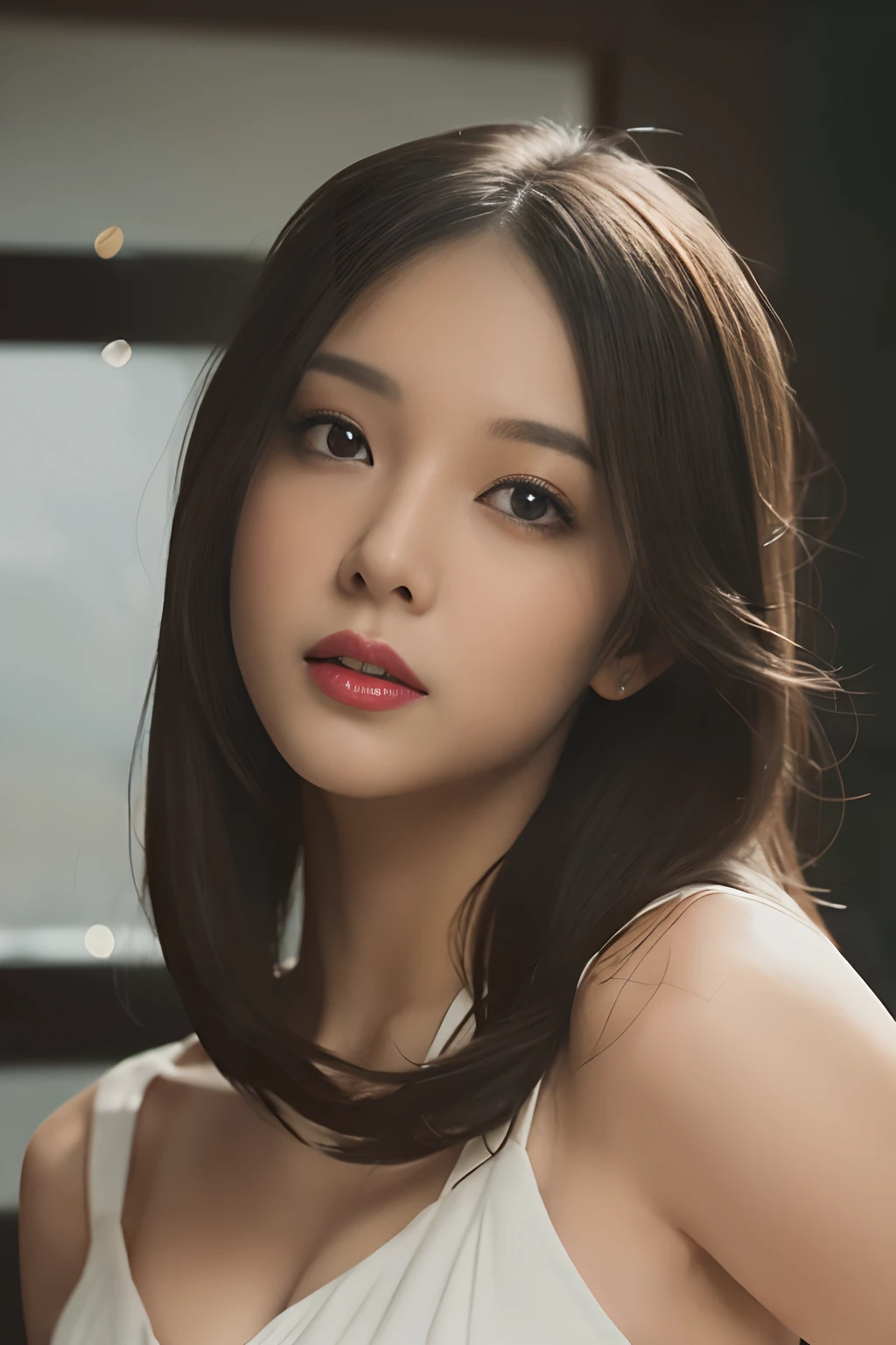 High quality, Shiny skin, (masutepiece:1.4), (8K, Photorealsitic, Raw photo, Best Quality: 1.4), japanes, (1girll), Beautiful face, (Realistic face:1.4), Beautiful hairstyle, Beautiful detailed eyes, (Best Ratio Eyes:1.5), Attractive, 超A high resolution, Ultra photo realsisim, Highly detailed, Optimal ratio, (Detailed face:1.4), view the viewer, red lipsticks, (Best Ratio Fingers:1.5), (Realistic brown eyes:1.2), High Proportion Realistic Breasts, Realistic medium breasts, (Closed mouth:1.5), Slender body, Narrow-eyed face, long straight hair, Detailed skin, Realistic, Photorealsitic, Highly detailed, full length frame, High Detail RAW Color Art, Piercing, diffused soft lighting, Shallow depth of field, foco nítido, Cinematic lighting