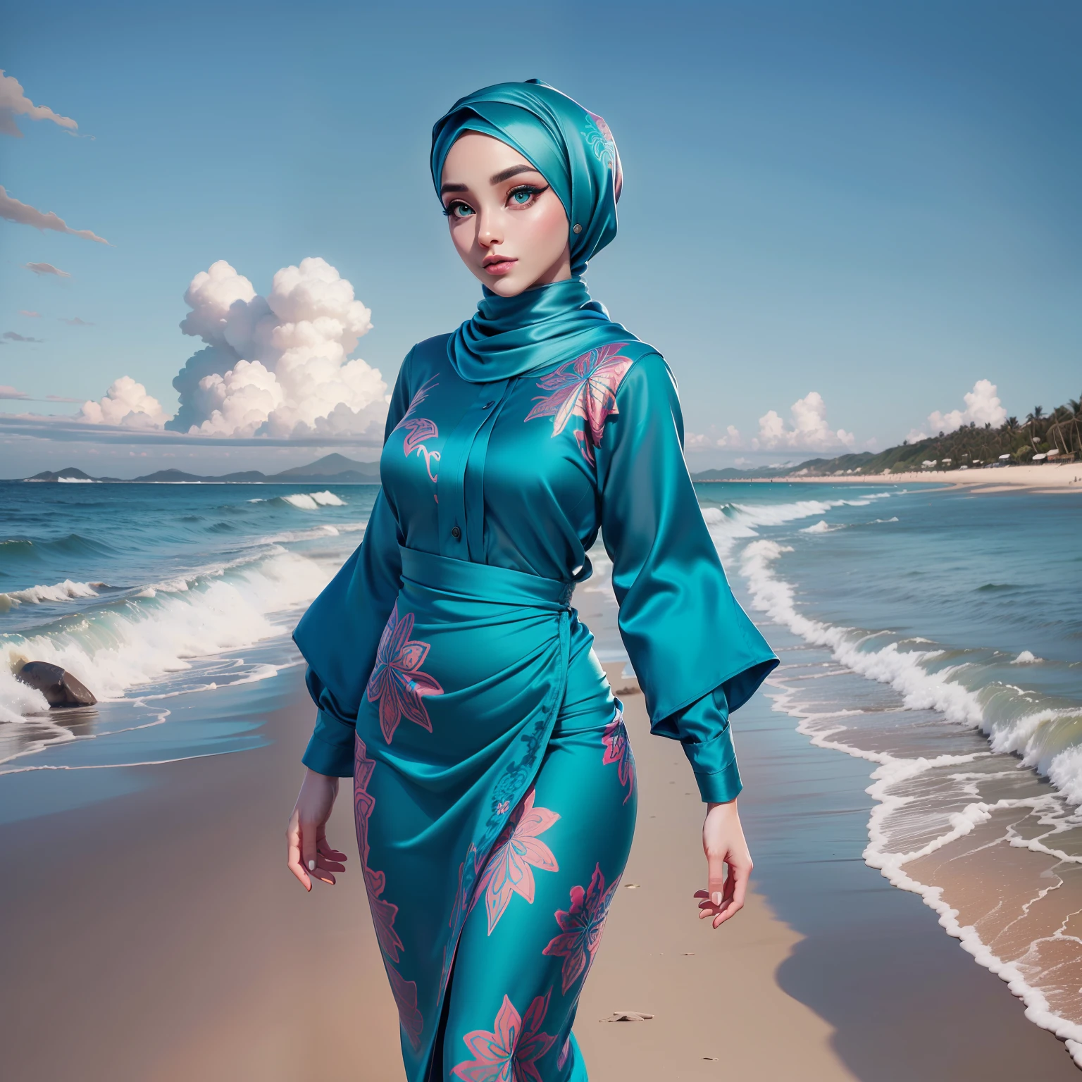 3DMM, ((Masterpiece, best quality, photography, detailed skin, realistic, photo-realistic, 8k, highly detailed, full length frame, High detail RAW color art, diffused soft lighting, shallow depth of field, sharp focus, hyperrealism, cinematic lighting, hijab, a woman in a beautifully makeup, smokey eyeshadow, beautiful big eyes, long eye lashes, wearing ((teal satin hijab), loosely tide hijab style)), ((satin Batik pario dress shirt)), Wide-brimmed hat, walking in the beach,Warm light background