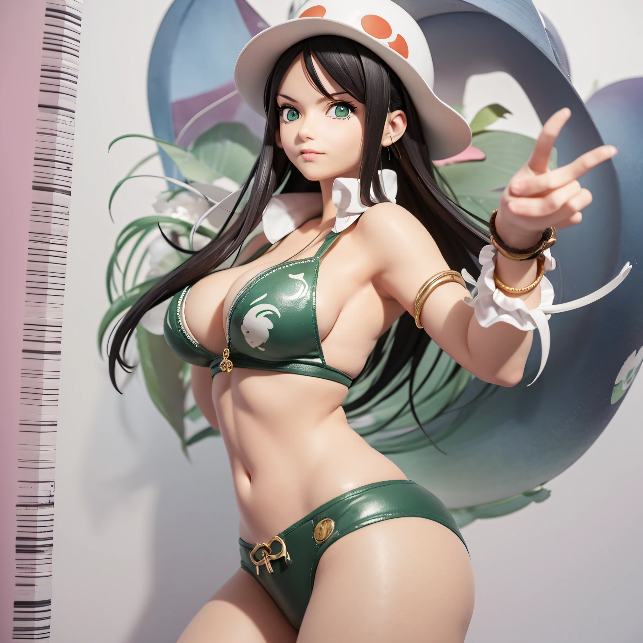 ((3D anime: 1.2, One Piece Manga: 1.3), Mascot, 3D image), Nico Robin - The crew archaeologist, dynamic angle, dynamic pose, emphasis on hand gesture, black hair, green eyes, detailed clothing, mystical background, magic circles, sparks, high resolution, ((charcoal sketch:0.5, black and white:0.5):0.7 | (watercolor: 0.5, pastel: 0.5): 0.8)