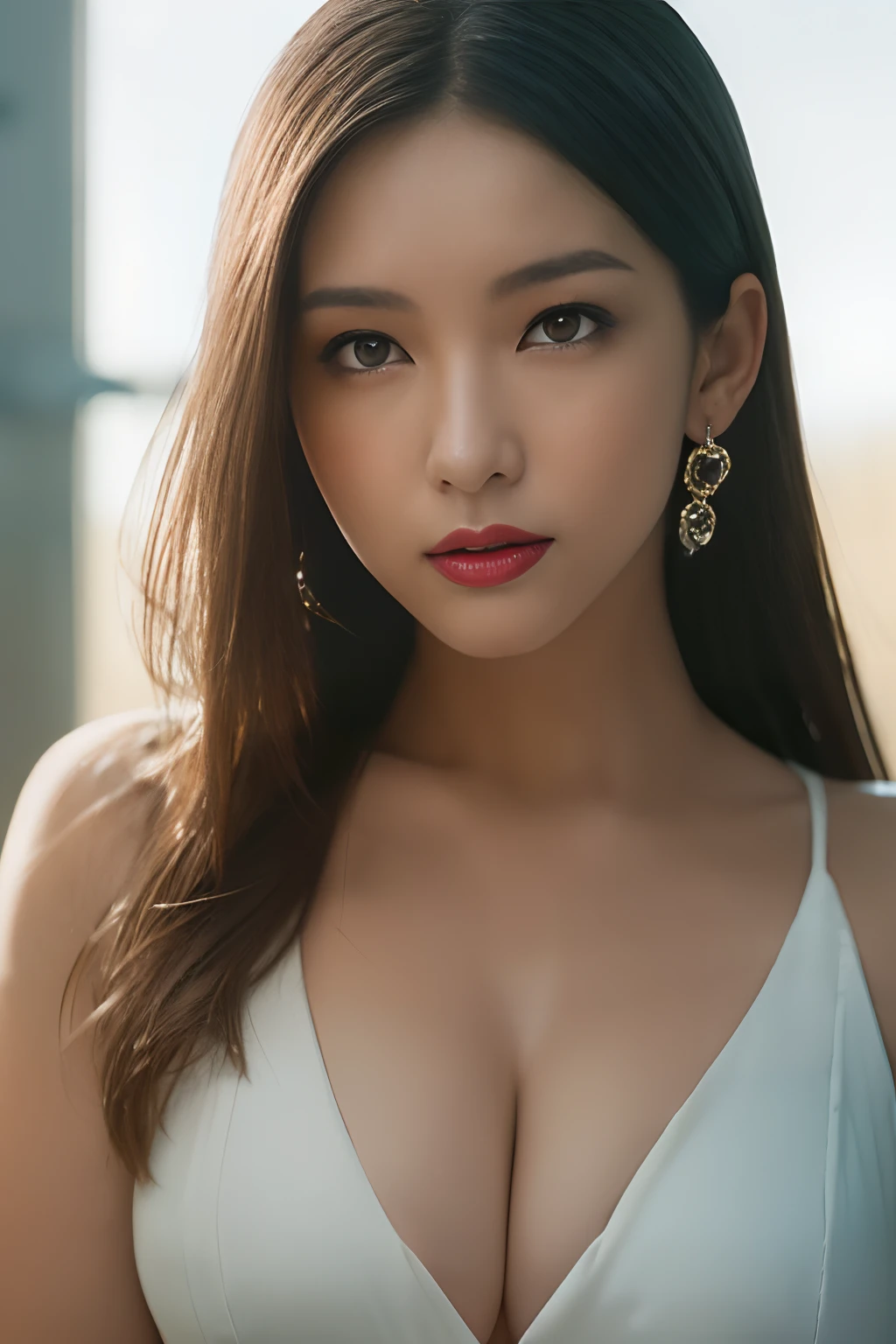 High quality, Shiny skin, (masutepiece:1.4), (8K, Photorealsitic, Raw photo, Best Quality: 1.4), japanes, (1girll), Beautiful face, (Realistic face:1.4), Beautiful hairstyle, Beautiful detailed eyes, (Best Ratio Eyes:1.5), Attractive, 超A high resolution, Ultra photo realsisim, Highly detailed, Optimal ratio, (Detailed face:1.4), view the viewer, red lipsticks, (Best Ratio Fingers:1.5), (Realistic brown eyes:1.2), High Proportion Realistic Breasts, Realistic medium breasts, (Closed mouth:1.5), Slender body, Narrow-eyed face, long straight hair, Detailed skin, Realistic, Photorealsitic, Highly detailed, full length frame, High Detail RAW Color Art, Piercing, diffused soft lighting, Shallow depth of field, foco nítido, Cinematic lighting