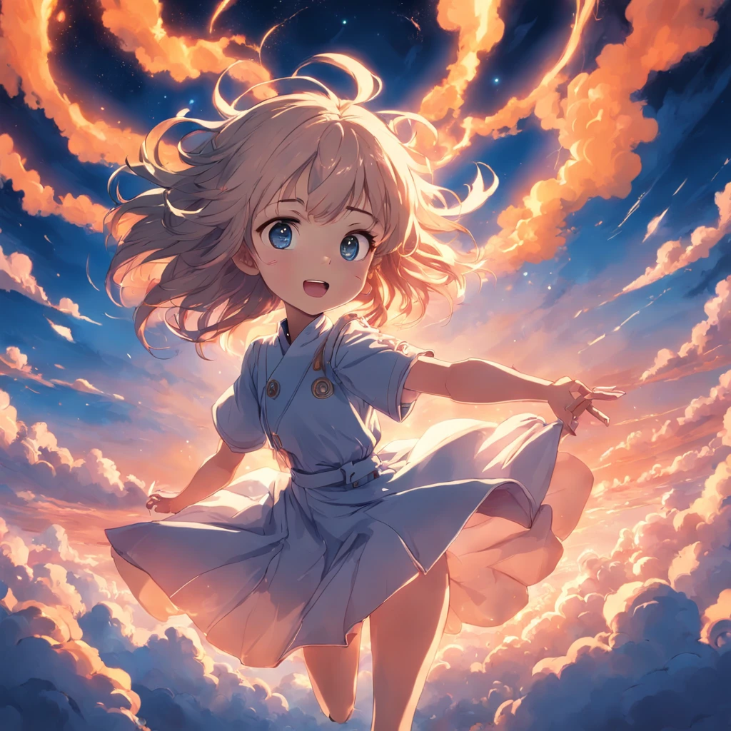 masterpiece, best quality, movie still, 1girl, cloud girl, floating in the sky, close-up, bright, happy, warm soft lighting, sunset, (sparks:0.7)