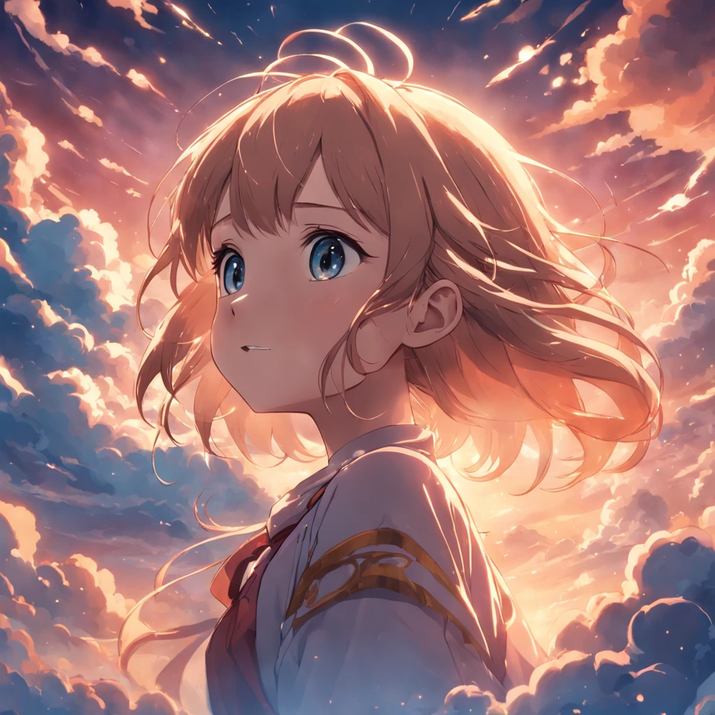 masterpiece, best quality, movie still, 1girl, cloud girl, floating in the sky, close-up, bright, happy, warm soft lighting, sunset, (sparks:0.7)