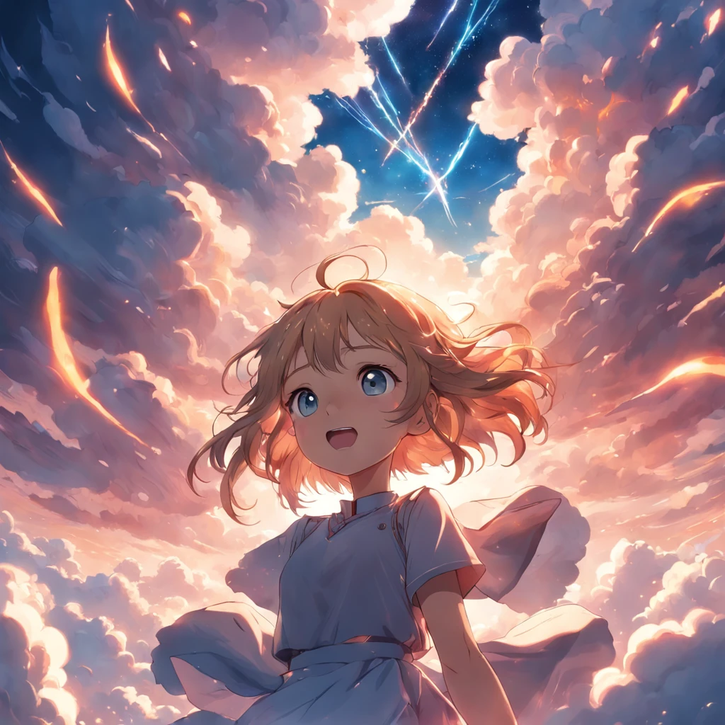masterpiece, best quality, movie still, 1girl, cloud girl, floating in the sky, close-up, bright, happy, warm soft lighting, sunset, (sparks:0.7)