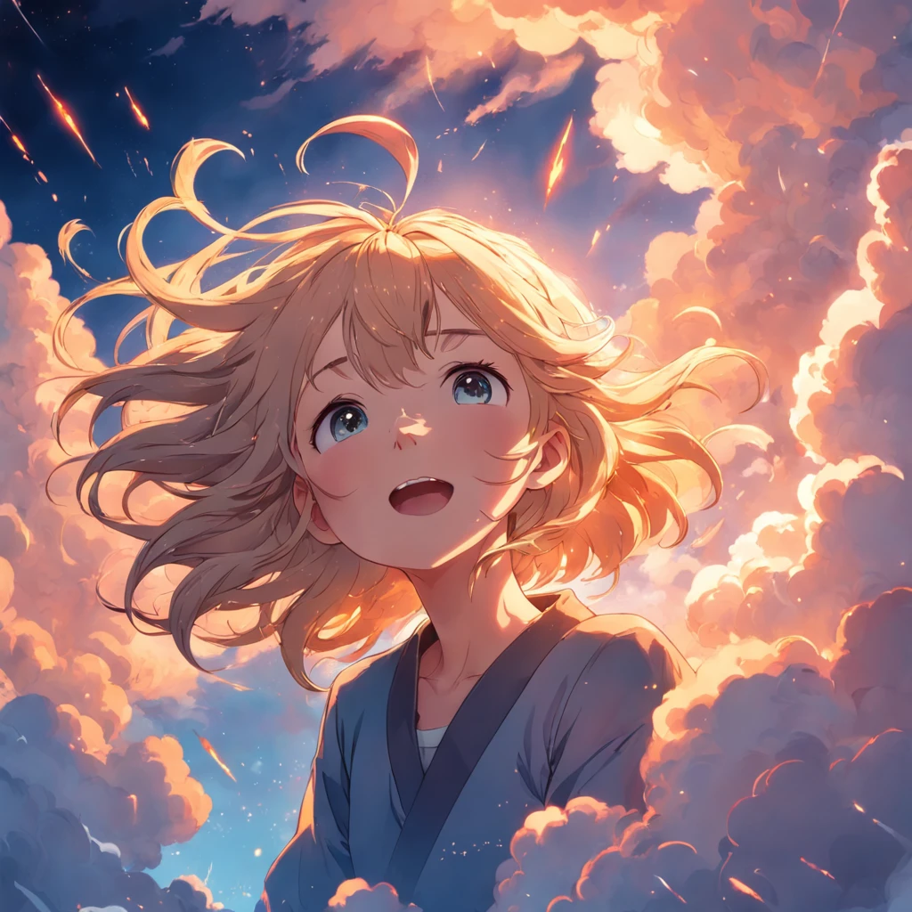 masterpiece, best quality, movie still, 1girl, cloud girl, floating in the sky, close-up, bright, happy, warm soft lighting, sunset, (sparks:0.7)