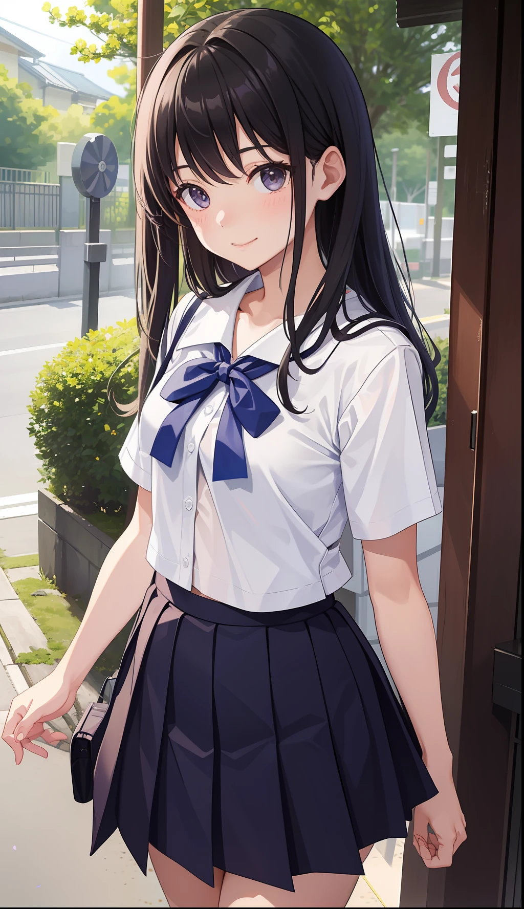 1girl in、AS-Adult、A smile、The shirt、skirt by the、(small tits)Chilarism、Japan High School Student Uniform、serafuku、summer clothing、(Sheer Bra)、Upper body portrait、the wind、