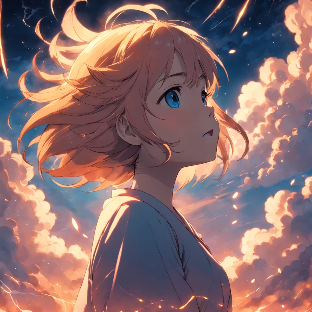 masterpiece, best quality, movie still, 1girl, cloud girl, floating in the sky, close-up, bright, happy, warm soft lighting, sunset, (sparks:0.7)