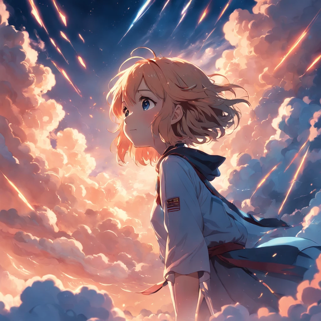 masterpiece, best quality, movie still, 1girl, cloud girl, floating in the sky, close-up, bright, happy, warm soft lighting, sunset, (sparks:0.7)