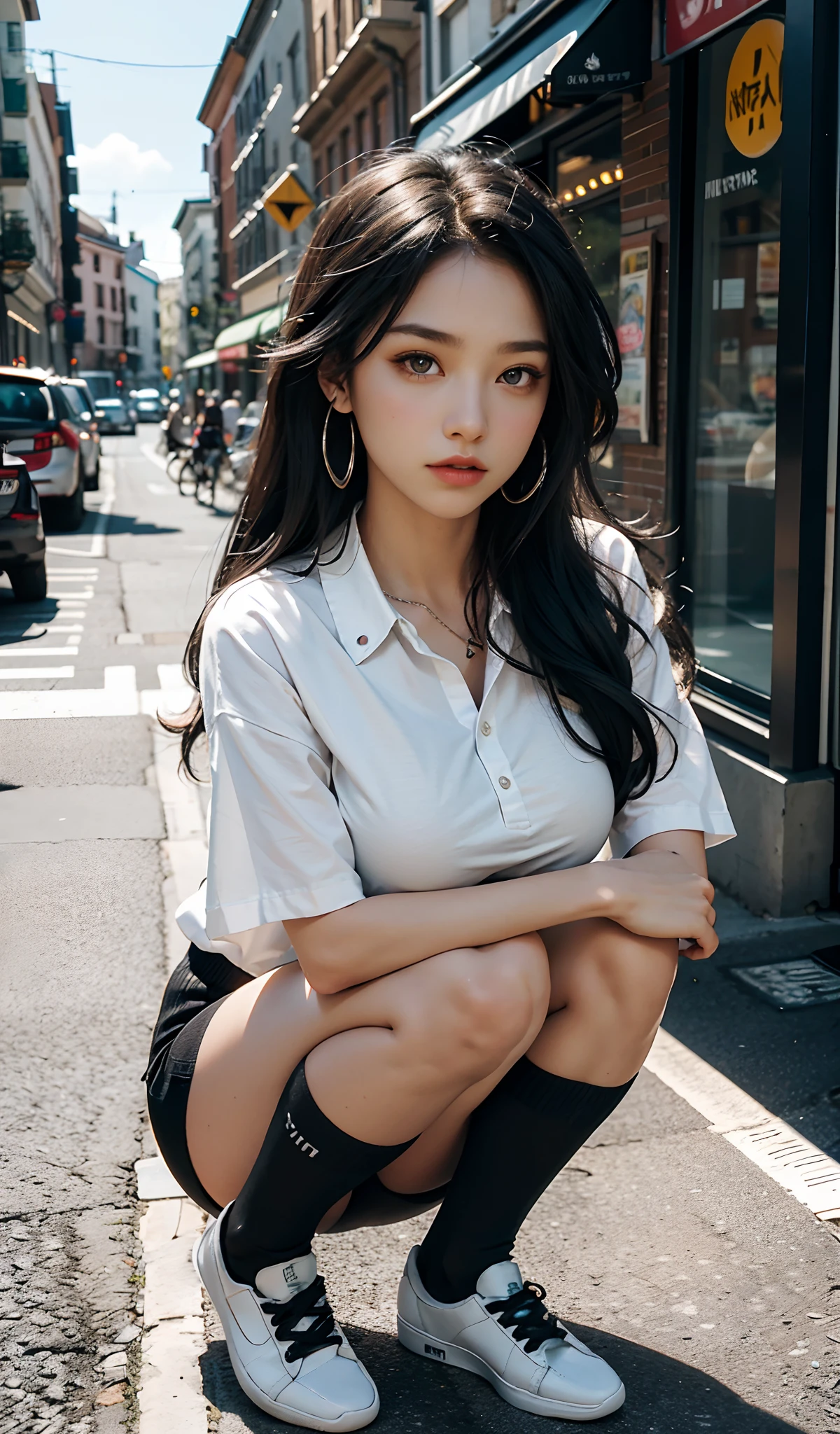 （Black sport socks：1 brunette girl）， tmasterpiece， best qualtiy， RAW photogr， realisticlying， the face， Incredibly Ridiculous res， Beautiful Genki beauty， ear studs， (Long silver-black hair)，White shirt，(Black sport socks)，(canvas shoe+)，depth of fields， A high resolution， ultra - detailed， filigree， RAWE is very detailed， very detailed eyes and faces， Sharp pupils， realistic pupil， tack sharp focus， cinmatic lighting，full bodyesbian，Bigboobs，long leges，Look from the front，European Street，dynamicposes