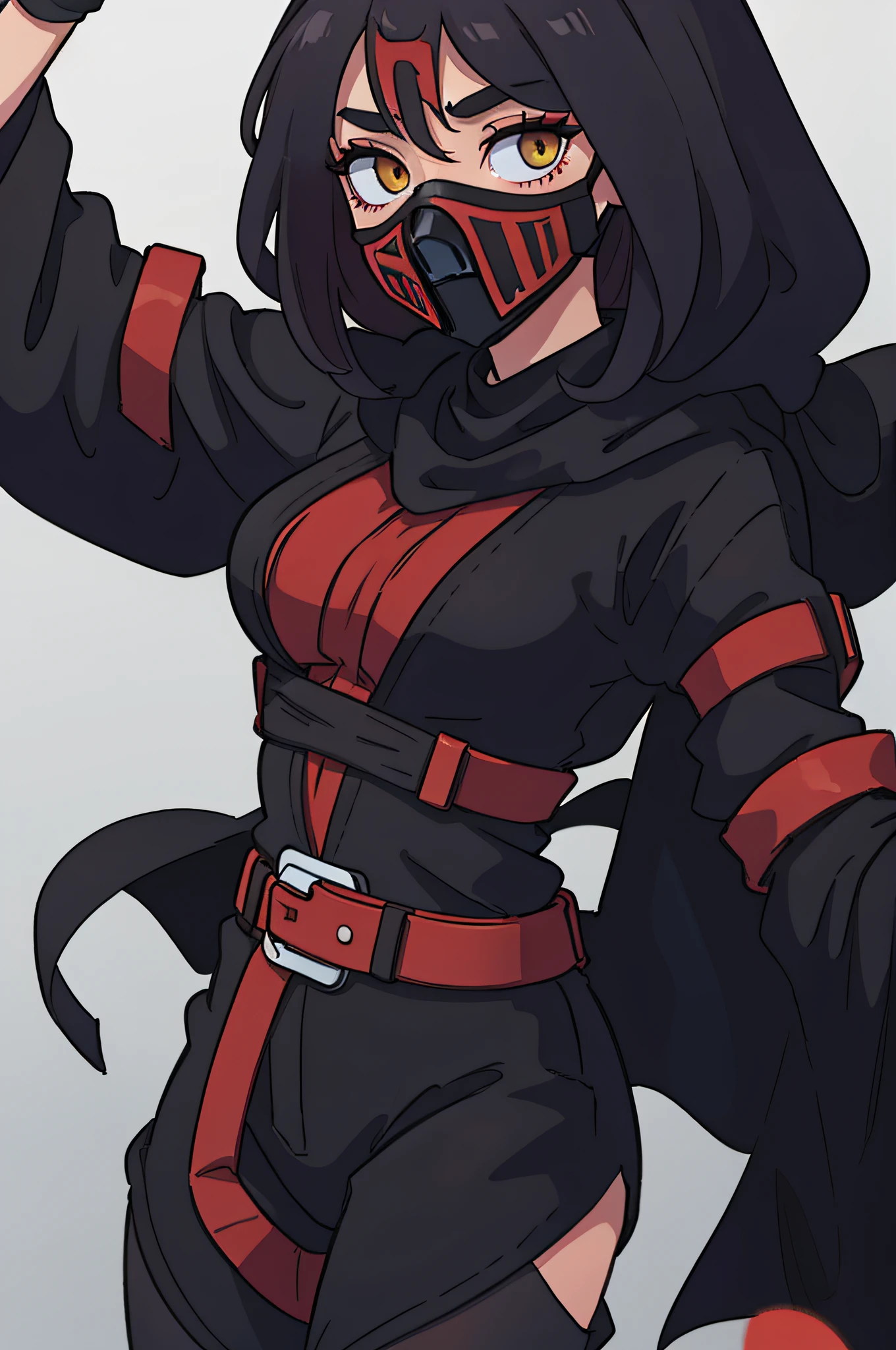 <lora:yigav6:0.7>, (highly detailed:1.2), yiga clan, yiga footsoldier, 1girl, 1boy, bodysuit, bookshelf, faceless male, female, male, mask, hood, clothed, red bodysuit, belt, armor, high ponytail, black hair,