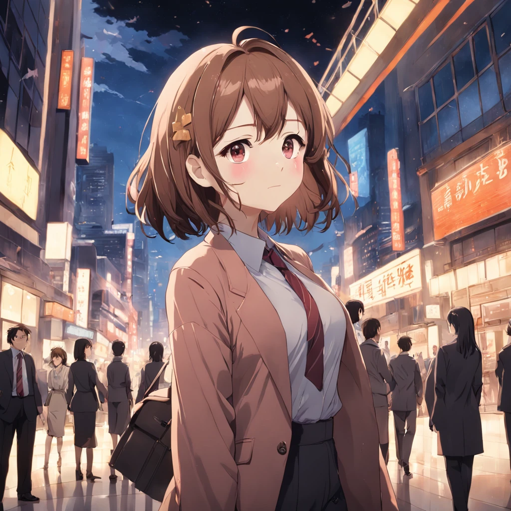 Best Quality, masutepiece, Beautiful mature woman、beautifull face、A woman with a strong heart、Office clothes、ligh brown hair、brown eyes、middle way hair、40 years、s Office、Raise your hand a little when you say hello
