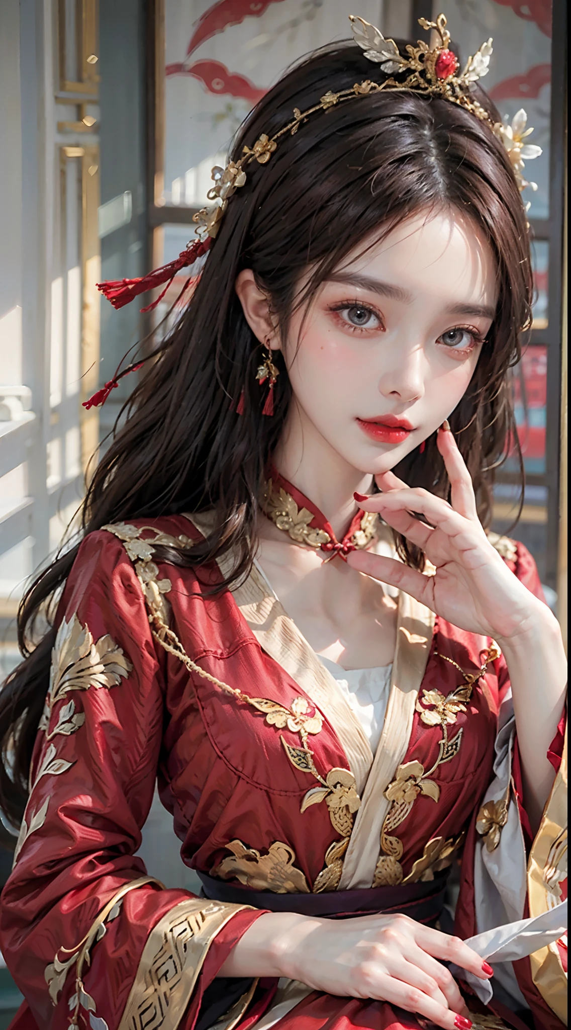 1 goddess of the zodiac from the future, wear the ao dai of the goddess of the zodiac to cover her chest, the goddess of the zodiac wears a bright yellow gold bodice, the goddess radiates a bright pink purple zodiac aura, the stars have the shape of the 12 zodiac signs, the goddess of the zodiac wearing a golden zodiac ao dai with many black details, the mythical goddess of the 12 zodiacs from the future, Zodiac sign ♏, zodiac style, dark and mystic version, Plump boobs, Red lips are balanced and very beautiful, character by karol bak and pino daeni, intricate details, detailed background, many object of background, extra highly detailed, magic lighting, a woman, clearly drawn face, beautiful face and symmetry eyes, big round eyes and very beautiful and detailed makeup, distant focus, silk clothing, mystic adornment, upper body portrait, arms loose, Realistic and vivid photo, (stars that make up the zodiac: 1.7), (zodiac sky background and fantasy portal of space and time: 1.8 ), fiction art, RAW images, style fantasy hanfu, long sleeves that cover 2 hands, 2 outstretched arms,