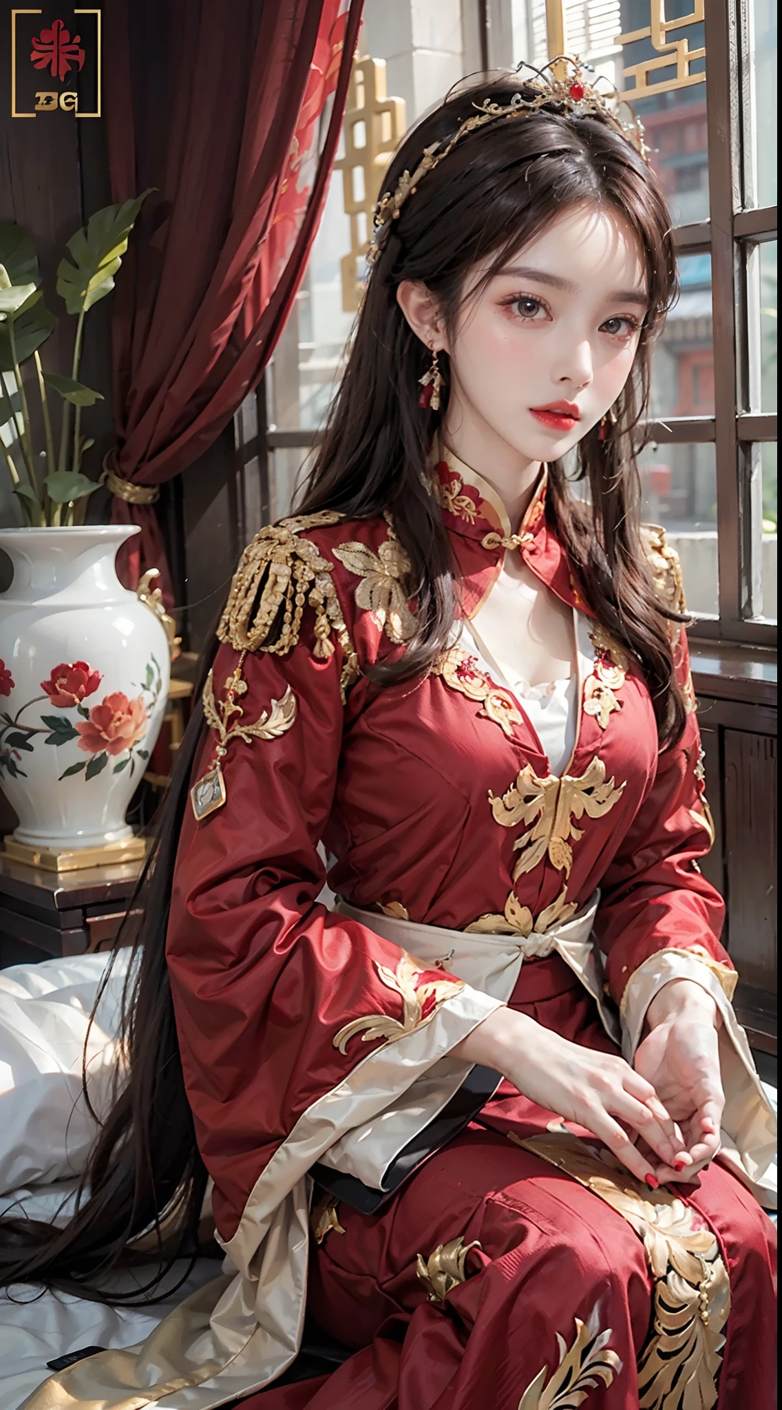 (Ultra-realistic 8k CG: 1.2), perfect artwork, delicate patterns, intricate details, (unparalleled masterpiece, best quality: 1.2), (extremely complex: 1.2), a woman in a red and gold dress, phoenix crown, hair stick, makeup, blush, shyness, white hair, looking down, cosmetics, (forehead point), (2 red candles), Chinese_clothes, curtains, earrings, hair_ornament,hanfu, interior, jewelry, red nails, long_sleeves, red dress, red lips, tassels, (red quilt), (red palace: 1.2), (ancient Chinese architecture), (red: 1.8), night