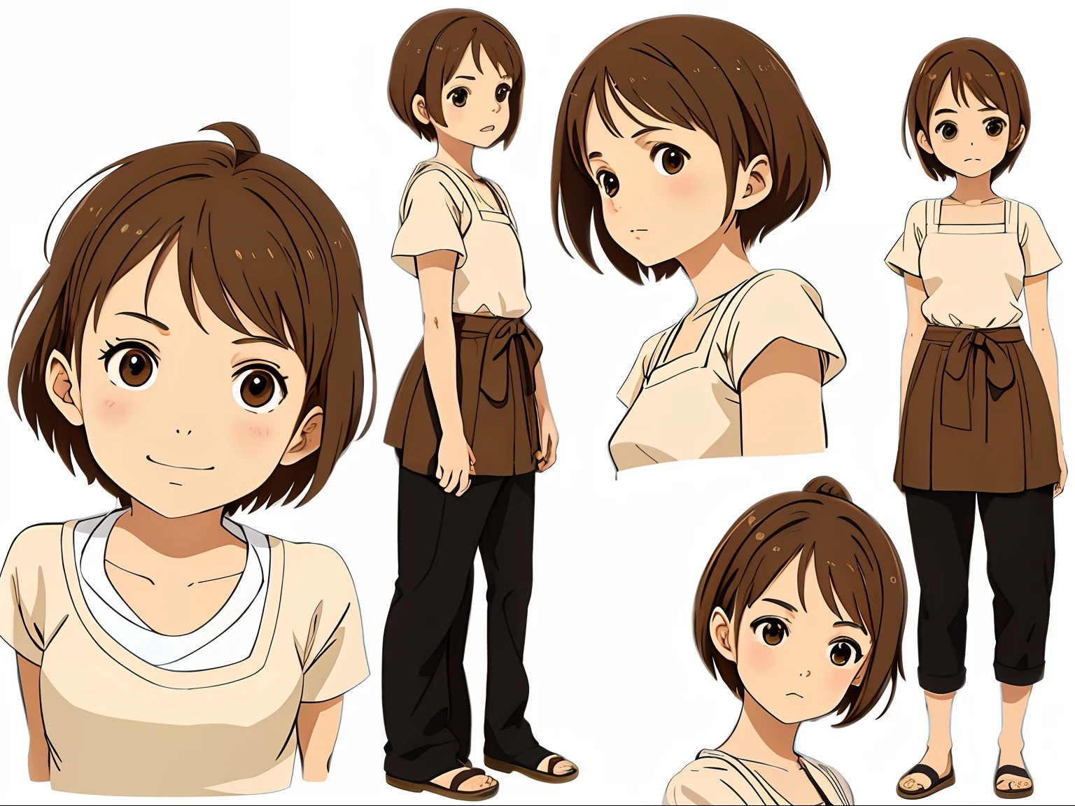 cute girl, super light brown hair, pixie bob hairstyle, character seet, Multiple pose and expressions, different angles, organizing, ghibli style, childrens book, meny character, Full body shot,