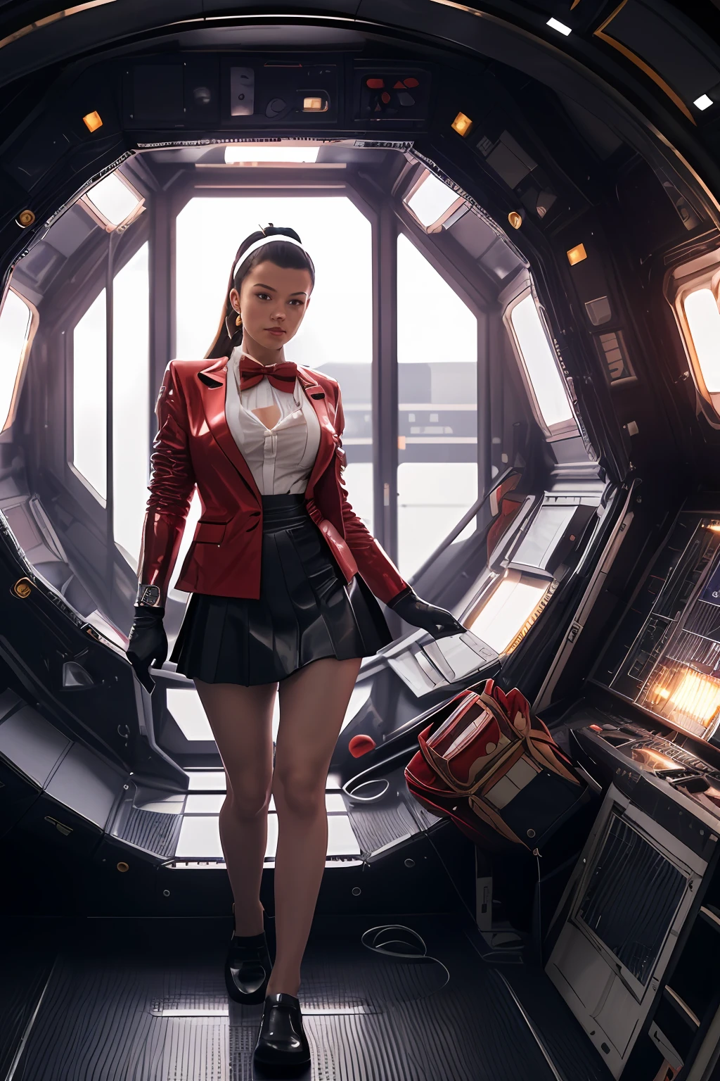 8k, ARTISTIC photography, best quality, masterpiece: 1.2), (realistic, photorealistic: 1.37)` Movie still from 2001: A Space Odyssey movie directed by (Stanley Kubrick), (cyberpunk girl ), (((Olivia Rodrigo))) , (half smile) , beautiful body, voluptuous body, thick thighs, (( red latex blazer, red school skirt, gloves, loafers, bowtie, (((over-detailed clothing))), ((syd mead)), IN A realistic futuristic space station.. background,