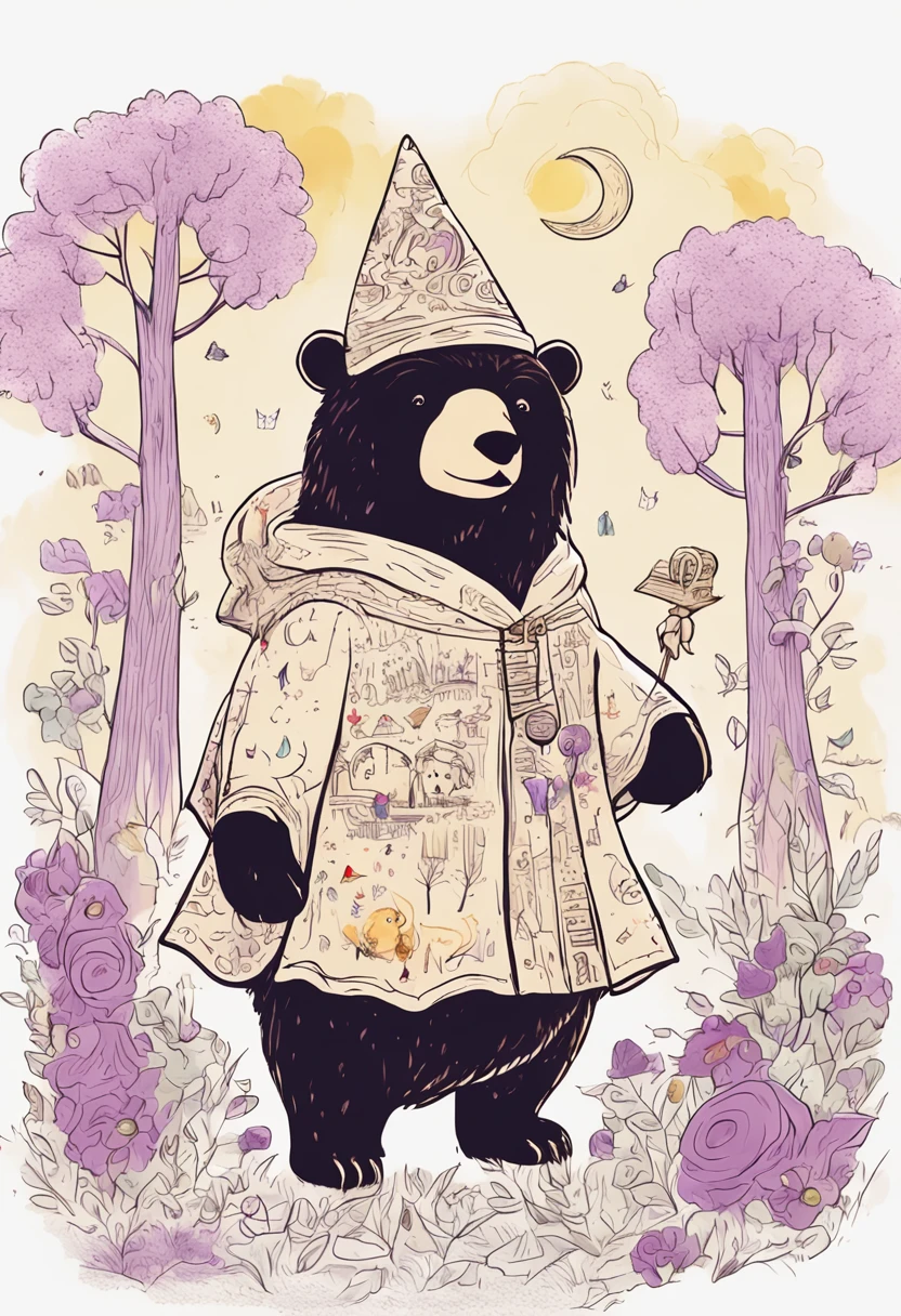 Making a  girl with short brown hair, Within context, a bear with a silly face and a wizard with a purple number hat "Create an image depicting a sunny clearing in a park, Where a littlenamed Luna holds a golden scroll. Around her, Draw tall trees and colorful flowers to create a lively environment. In the center of the clearing, Depict the wizard Matemágico in a cape decorated with pointed hats and bright numbers. Next to it, Put bear Bobalhão, Buzzing excitedly."