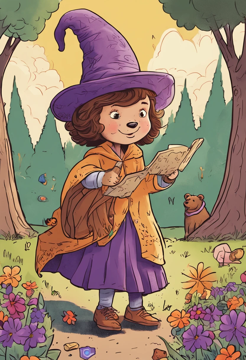 Making a  girl with short brown hair, Within context, a bear with a silly face and a wizard with a purple number hat "Create an image depicting a sunny clearing in a park, Where a littlenamed Luna holds a golden scroll. Around her, Draw tall trees and colorful flowers to create a lively environment. In the center of the clearing, Depict the wizard Matemágico in a cape decorated with pointed hats and bright numbers. Next to it, Put bear Bobalhão, Buzzing excitedly."