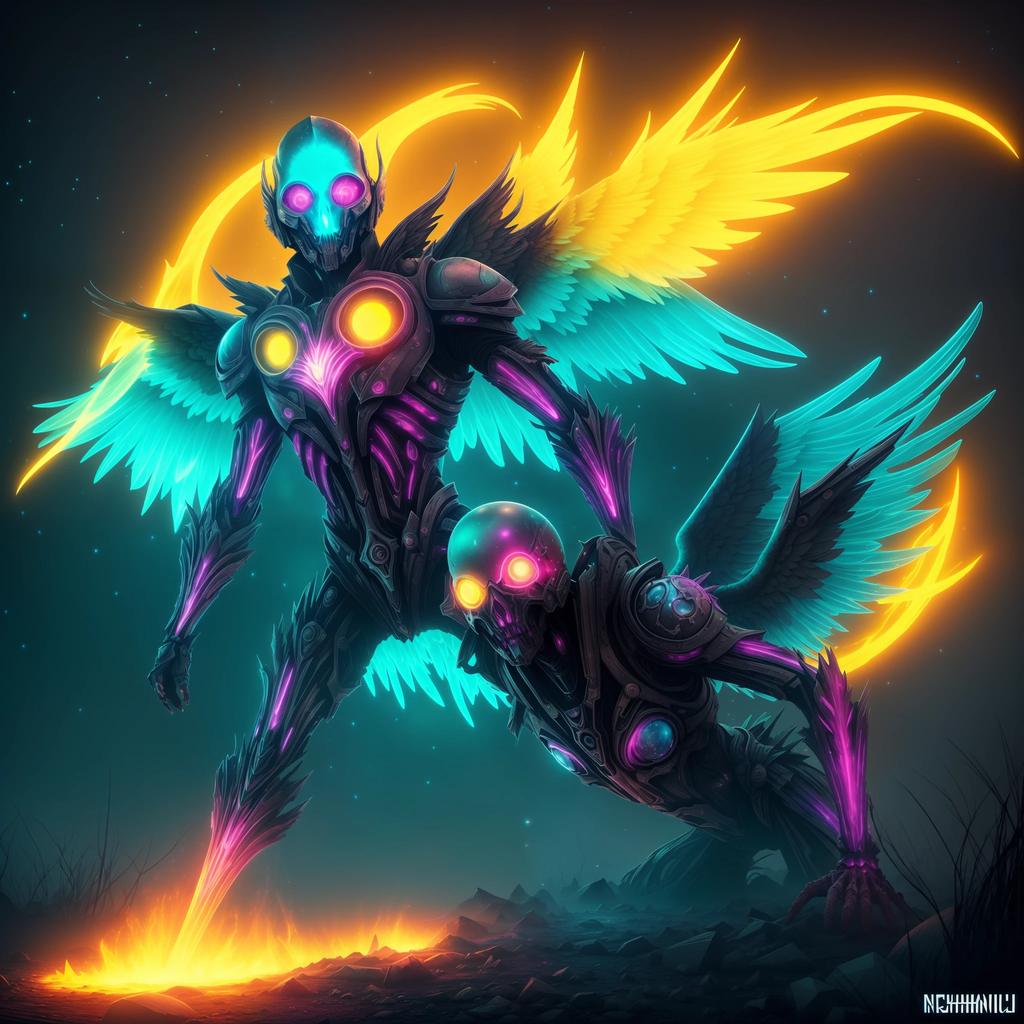 cosmic environment, rotten fallen archangel, ((yellow glowy eyes)), biomechanical, eerie, creepy, nightmarish, very bright colors, splash of teal and magenta, light particles, bioluminescence, Mschiffer, wallpaper art, UHD wallpaper