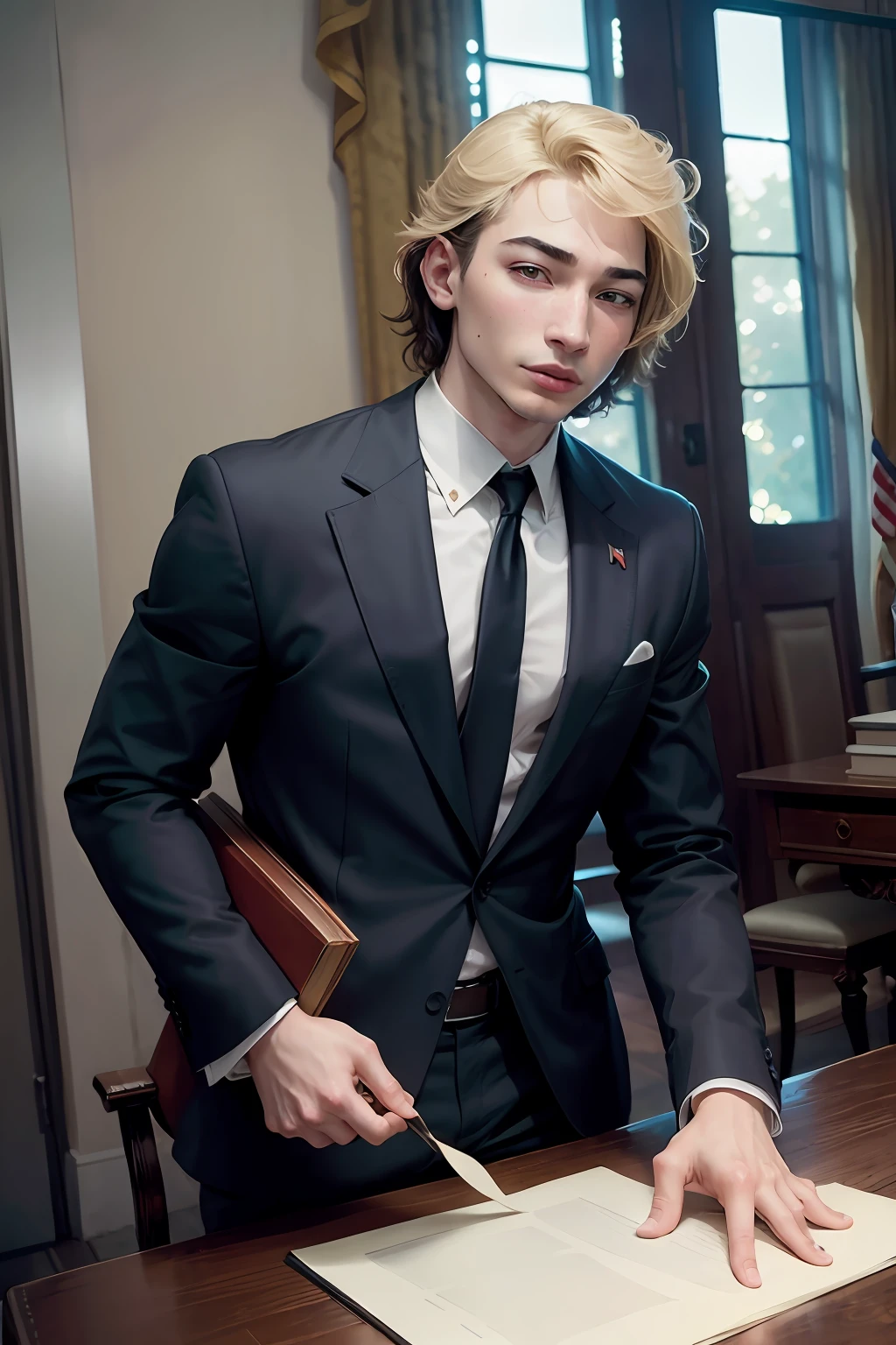 (Ezra Miller portraying President Donald Trump) --auto