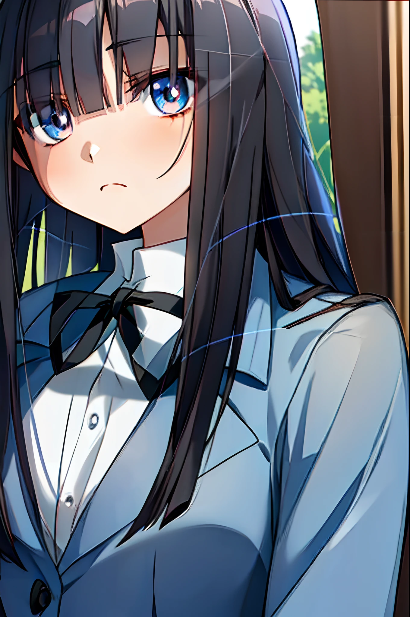 solo, (((anime girl with long straight black hair))), (dark blue eyes), ((blank expression)), school uniform, skirt, ((classroom in background)), ((high quality)), (extremely detailed)