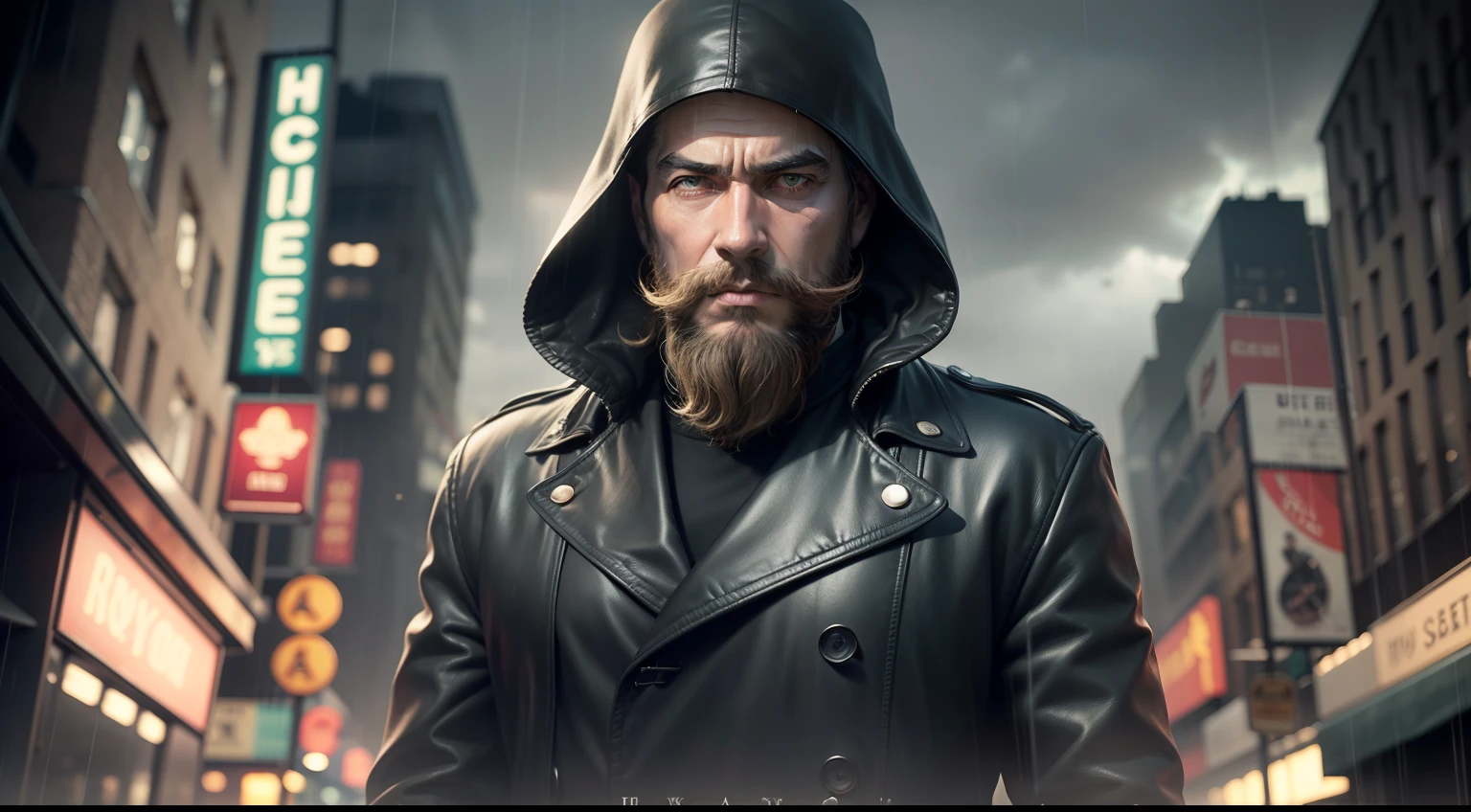 (masterpiece, best quality: 1.2), ultra-detailed face, (soft colors: 1.2, studio dark, rim lighting, dual-tone lighting, dim light, low tone, ), ((heavy rain weather)), skin cover long leather rain , A poster for a 1930s \(style\), detective film noir,(atmosphere noir:1), gloomy atmosphere, night city street, emphasis on color noir, New York in the 1930s , realistic image, mysterious man, 30 years old, beard and mustache, wearing black clothing, and a long black leather coat, with hood, , frontal position,