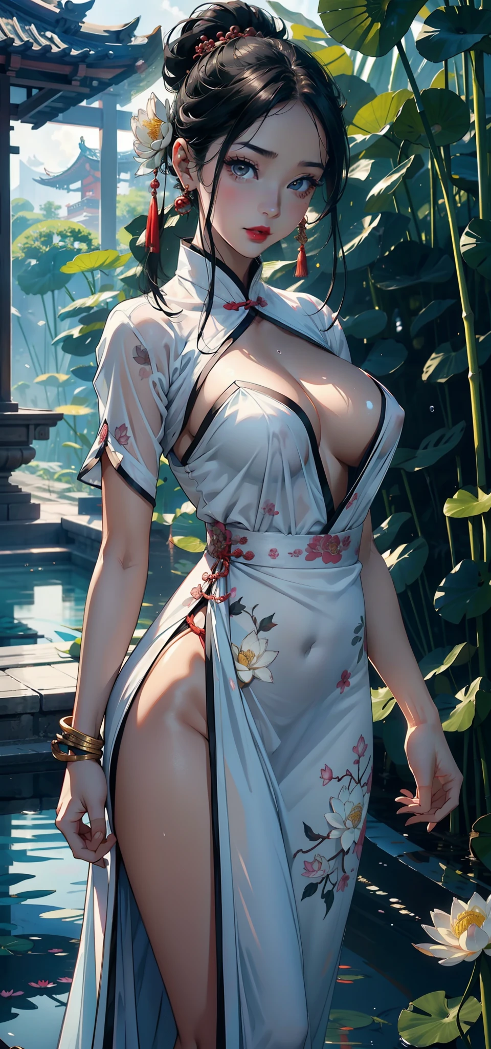 1female，36 years old，熟妇，mature，Bigchest，Big breasts Thin waist，long leges，Raised sexy，Pornographic exposure， 独奏，（Background with：Surrounded by lotus flowers，bamboo forrest，Lotus pond，lotuses，lotus flower，china rose，rosette，chrysanthemums） She has short black hair，standing on your feet，Sweat profusely，drenched all over the body，seen from the front， hair straight， mostly cloudy sky，（（（tmasterpiece），（Very detailed CG unity 8K wallpaper），best qualtiy，cinmatic lighting，detailed back ground，beatiful detailed eyes，Bright pupils，（Very fine and beautiful），（Beautiful and detailed eye description），Black eyes，Redlip，ultra - detailed，tmasterpiece，）），facing at camera，（The upper part of the body），A high resolution，ultra - detailed），revealing breasts，Bare genitalia，  Bulge，legs are open，sexyposture，Camel toes，Flushed complexion，Open-mouthed，frontage，gallant woman，Wuxia style，A ball head，Lotus hair ornaments（Wearing：White transparent cheongsam）