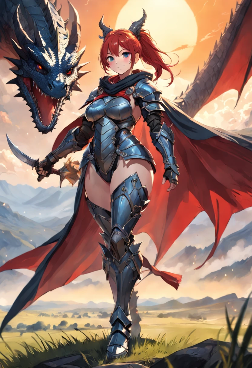 A beautiful woman, (from below: 1.3), (perspective: 1.2), looking at the audience, full body, full body photo, very huge breasts, (( grassland and black color dragon background)), (( fantasy theme)), (( full body armor, lower body armor, boot armor)), smile, ((holding a weapon)) , very big ass, red color hair, ponytail hairstyle, ((Highest quality)), ((outstanding detail)), ((super high resolution: 3.5)), (fidelity: 1.4), ((best illustration, favor details, perfect detail rendering, ultra HD, masterpiece, ultra high res)), (photorealistic:1.5), raw photo, perfect brightness and darkness, light ray, perfect balance, smooth color transition, perfect body figure, full body frame, shining light, red and black color armor, aura, cloak with a hood, Full detail armor design, crown, blue eyes, mature, age 39, adventure pant, perfect color layer, fighting pose, domineering posture, red scarf, royalty, majestic, sunrise, empress