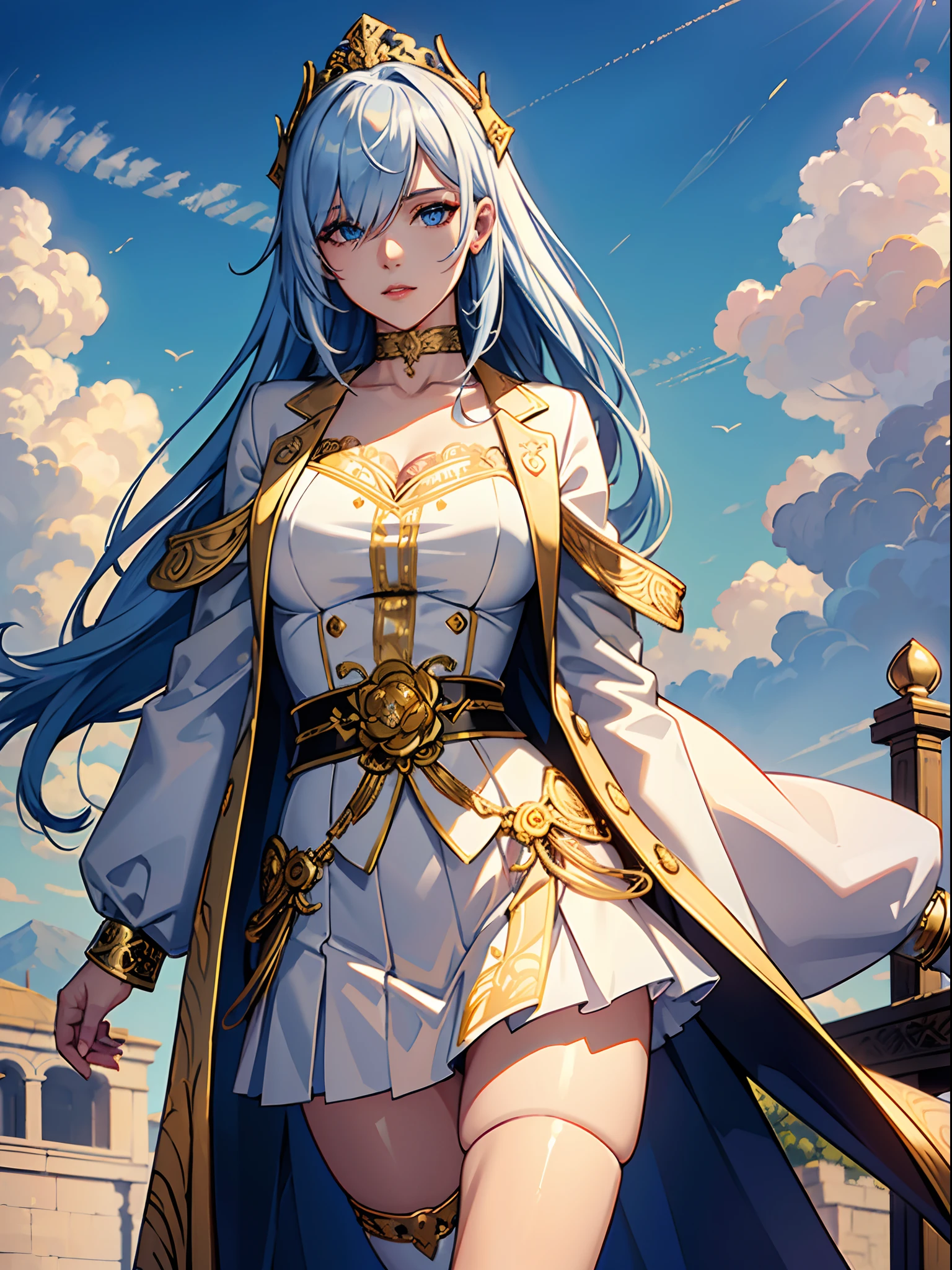 (masterpiece), (realistic), (best quality), (ultra-detailed), amazing, (looking at pov), golden katana, (big clothes: 1.2), miniskirt, ((white clothes)), choker, (bandaged hands), (white coat with ornate golden embroidery, golden embellishments), blue hair, long hair, bangs, blue eyes, thigh band, (gold structures), (clouds), hair over eyes, hair over one eye